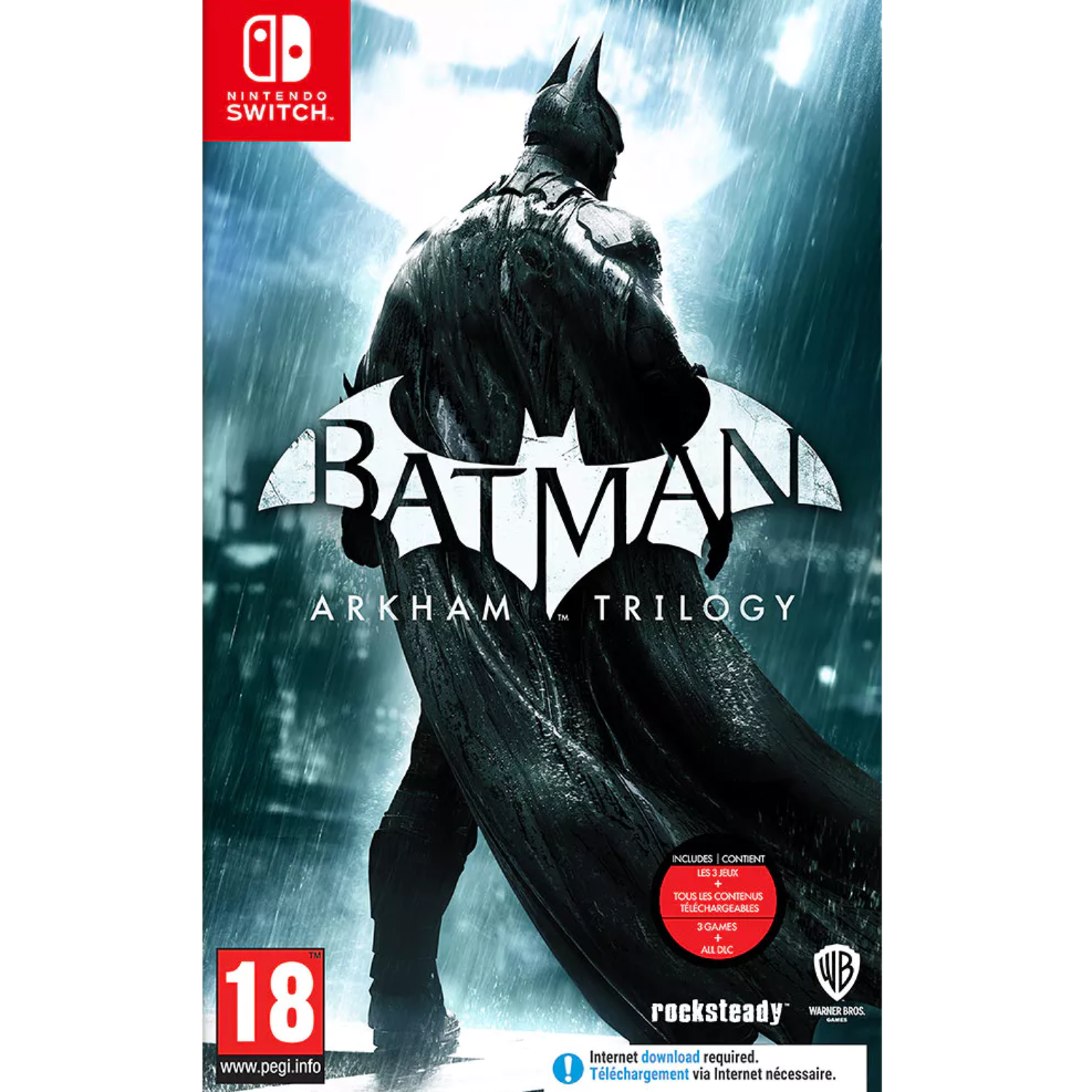 Okładka gry Batman Arkham Trilogy. Postać Batmana z peleryną w deszczu, logo gry.