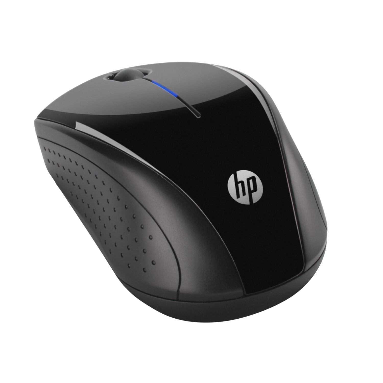Mouse wireless HP nero con luce blu e logo HP. È su sfondo nero.