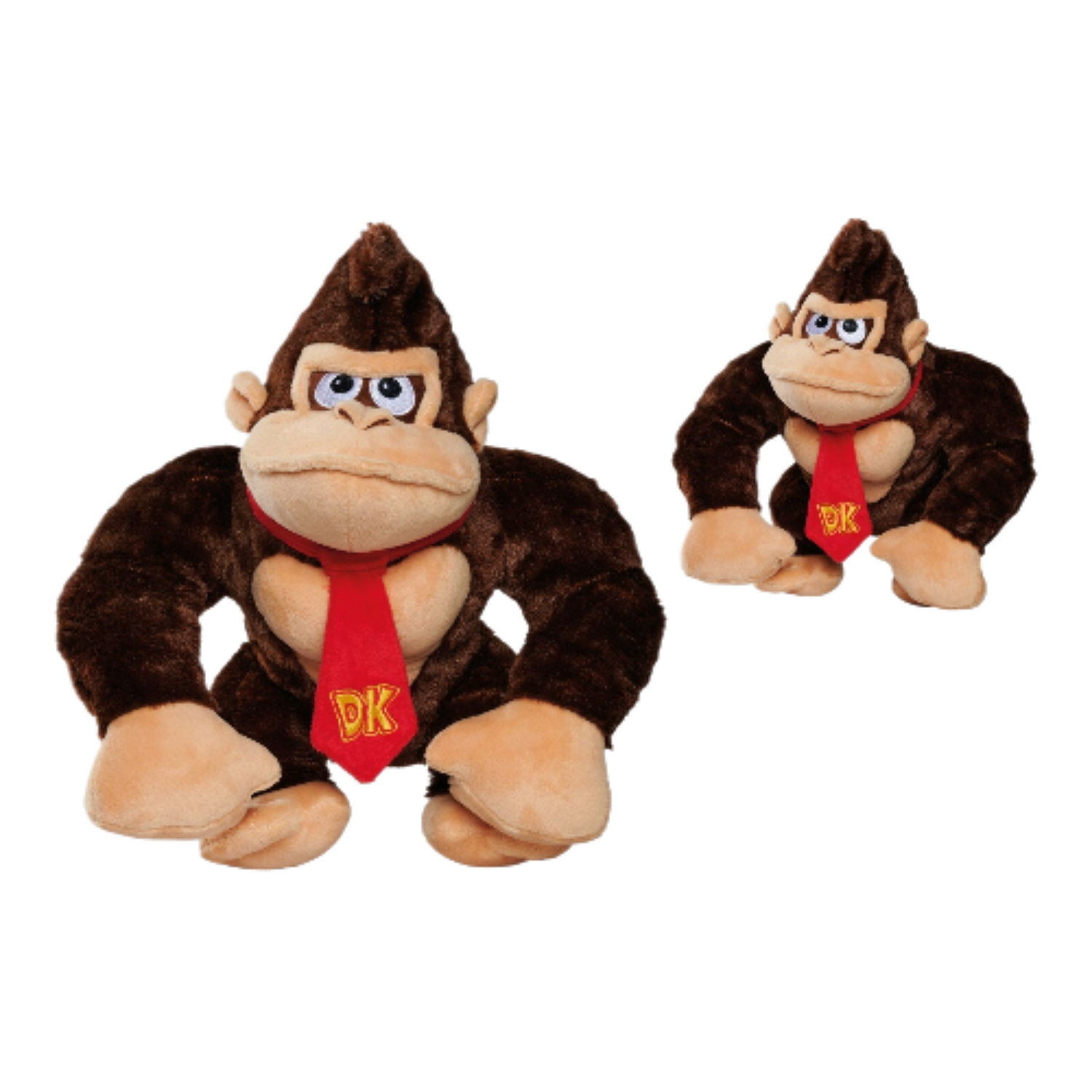 Dwie pluszowe zabawki Donkey Kong. Obydwie brązowe z czerwonymi krawatami i logo DK.