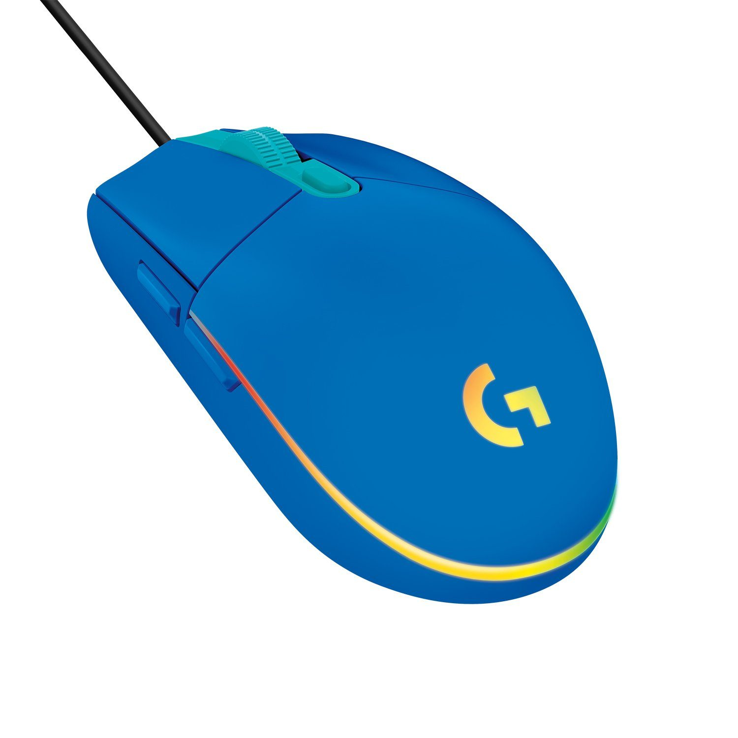 Blue computer mouse with a side button and a glowing light.