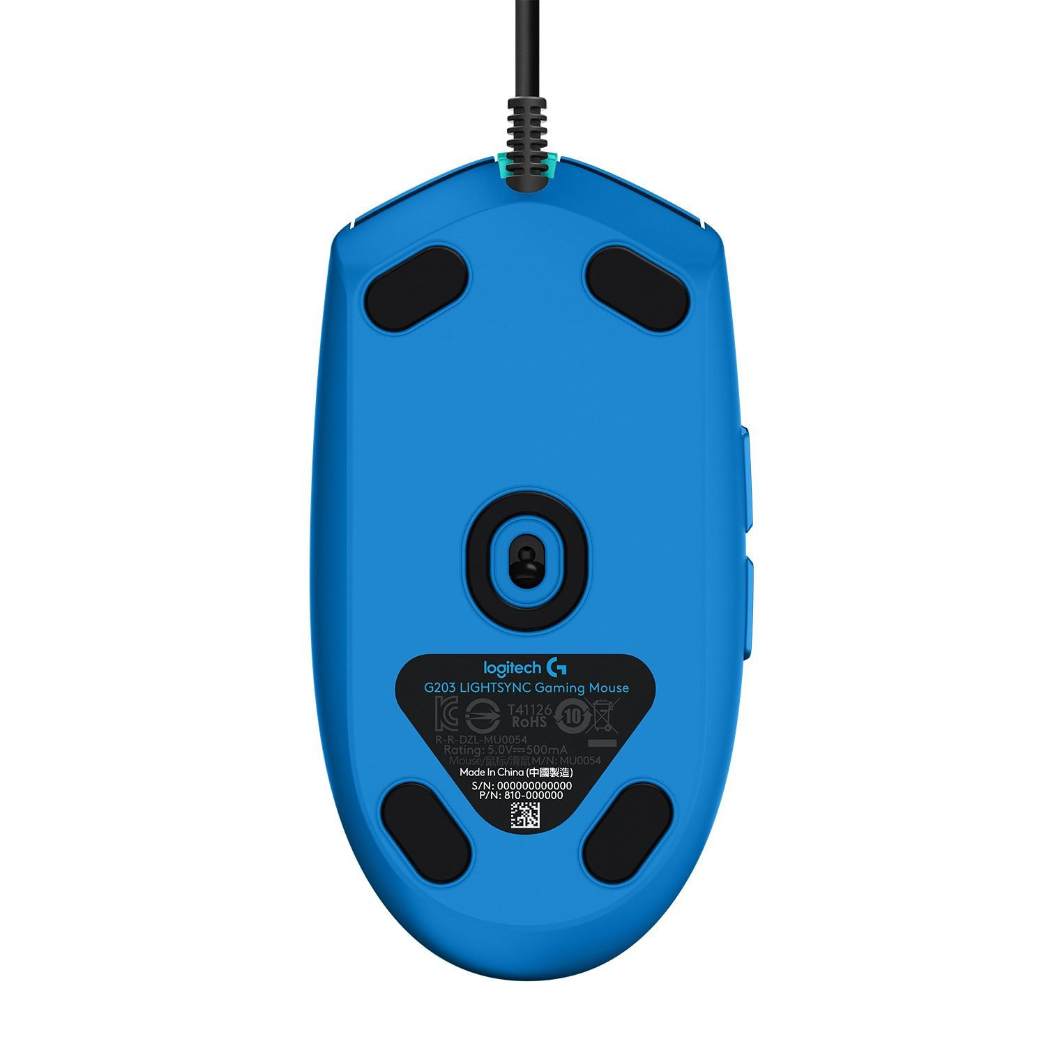 Bottom view of a blue gaming mouse, with visible features and product information.