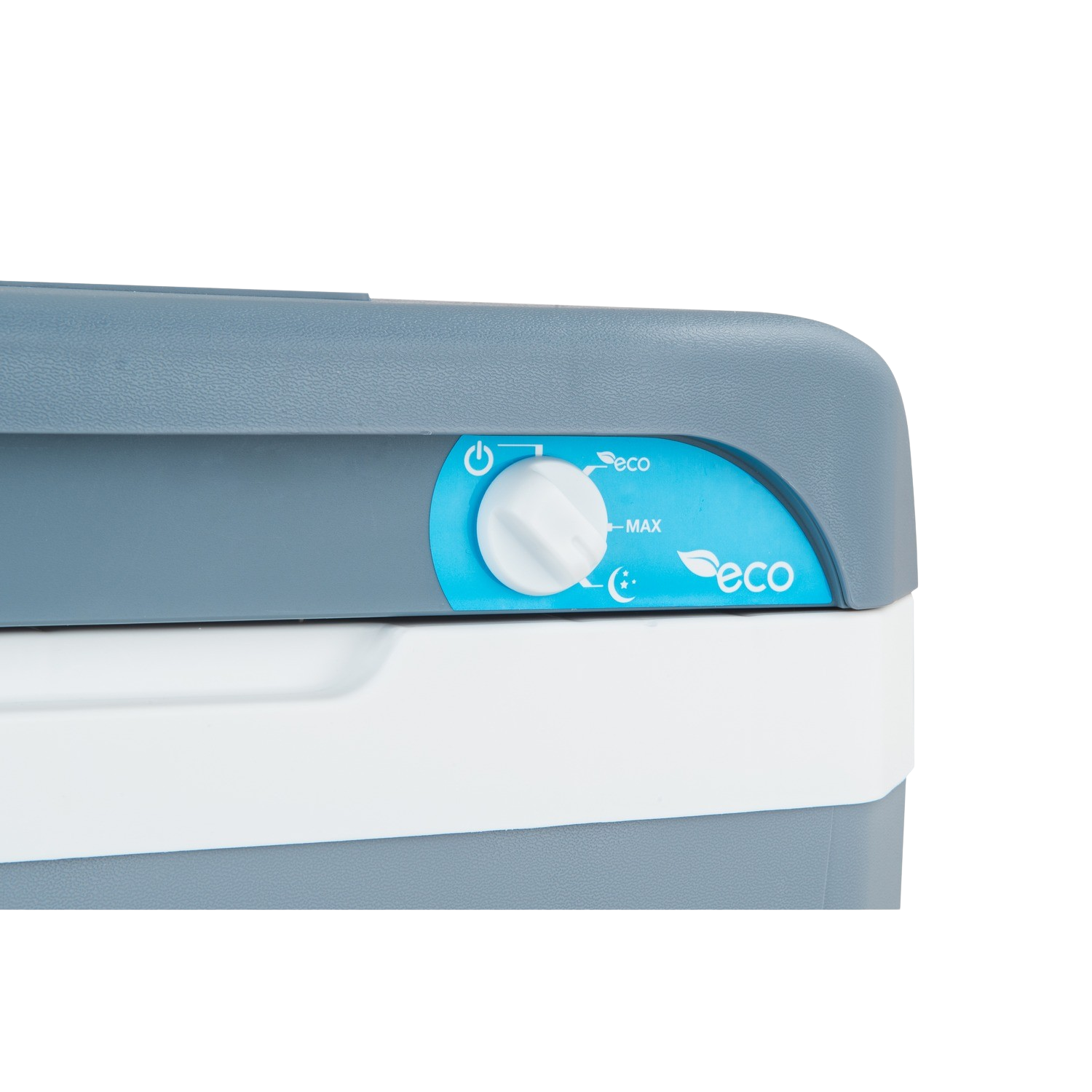 Zbliżenie panelu sterowania chłodziarki, pokazujące pokrętło i tekst 'eco' i 'max'.