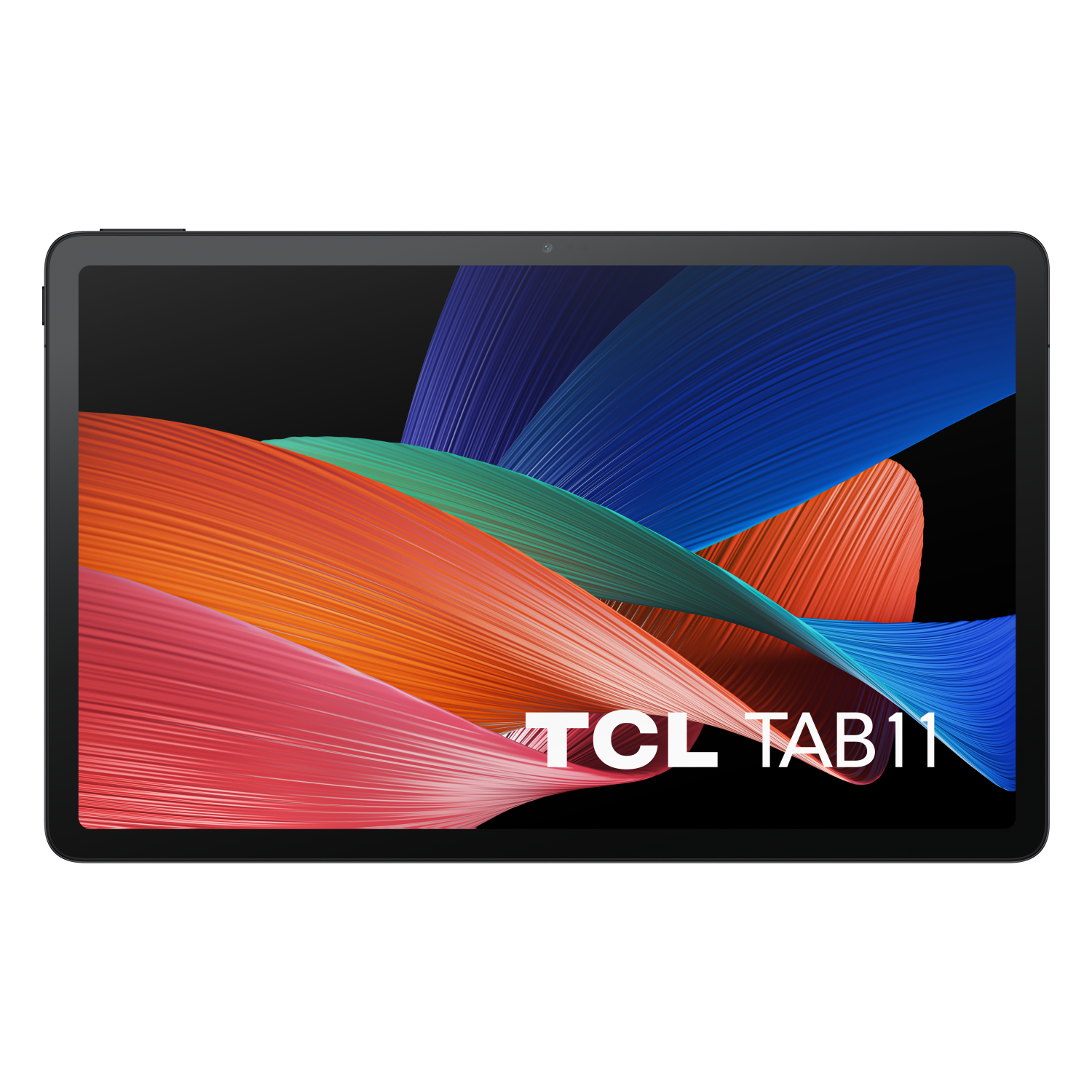 Tablet TCL TAB11 nero su sfondo nero. Grafica colorata sullo schermo.