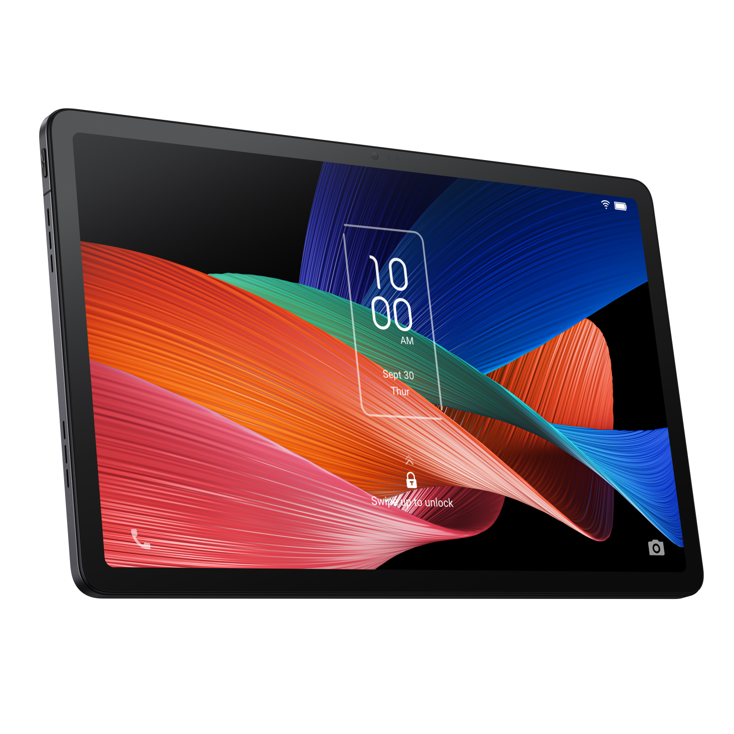 Tablet nero con uno sfondo astratto colorato sullo schermo.
