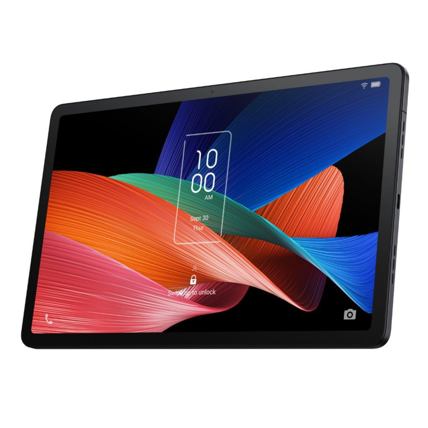 Un tablet nero che mostra uno schermo vibrante con ora, data e grafica astratta colorata.
