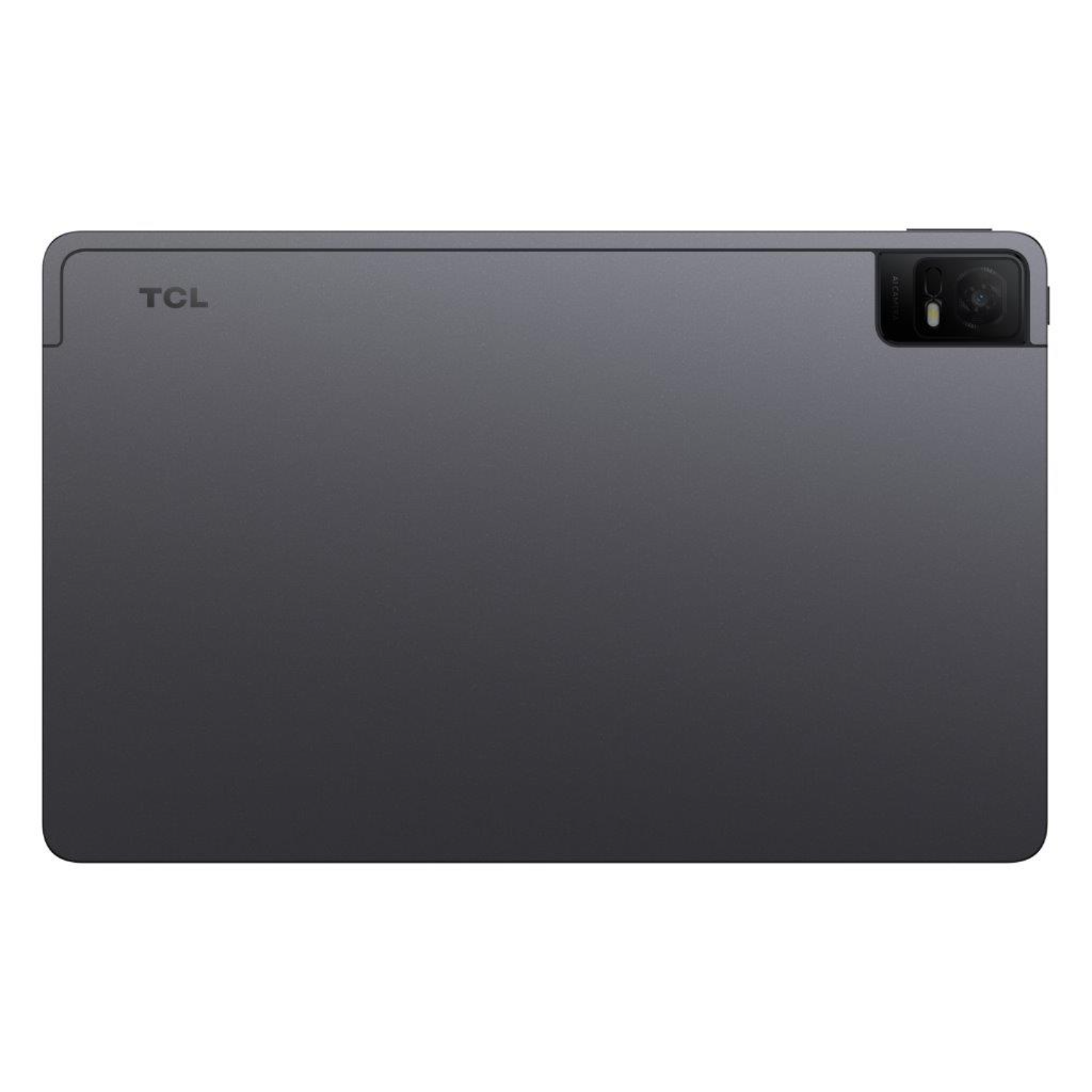 Un tablet grigio scuro. Ha una fotocamera in alto a destra e il logo TCL in alto a sinistra.