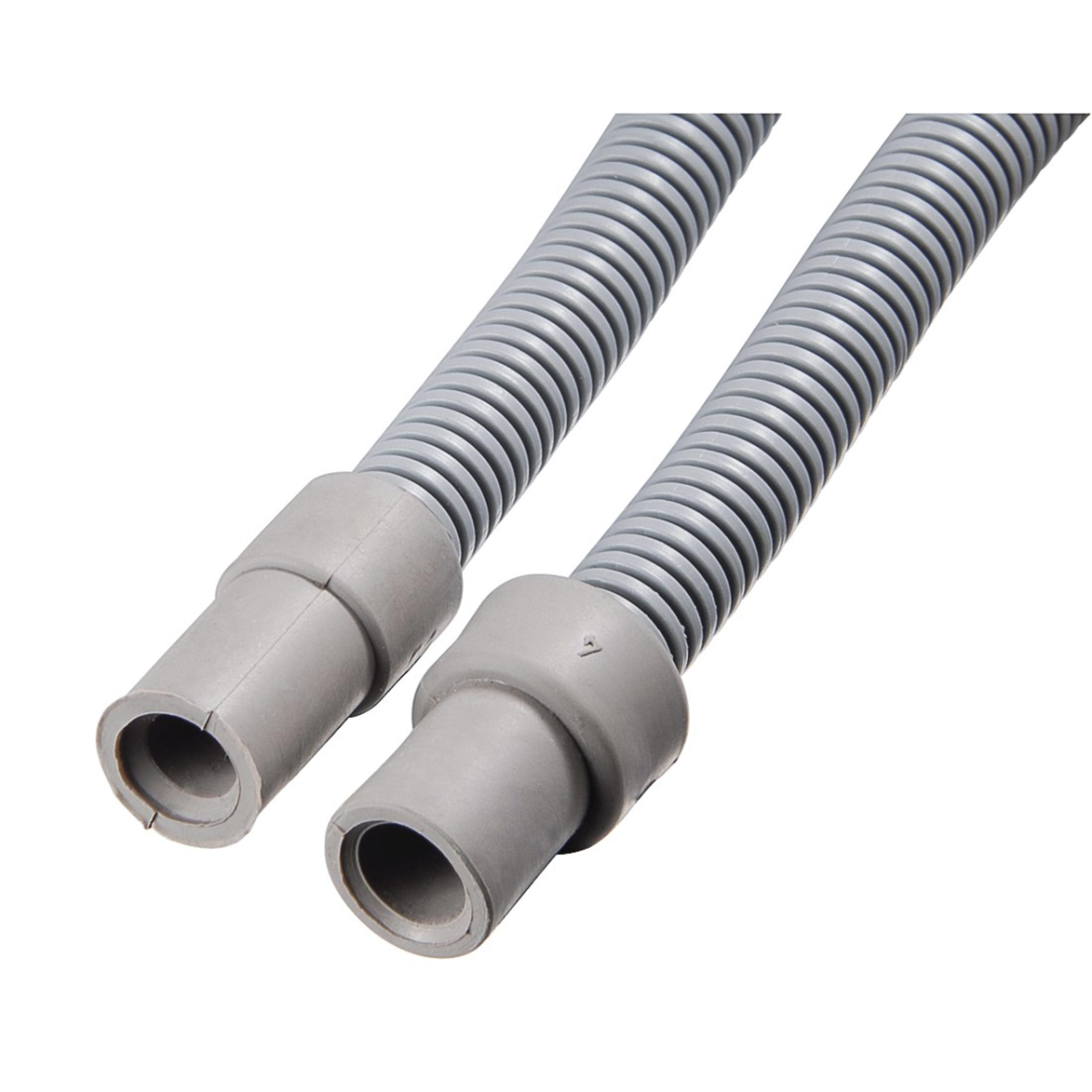 Dwa szare, karbowane węże ze złączkami na białym tle.