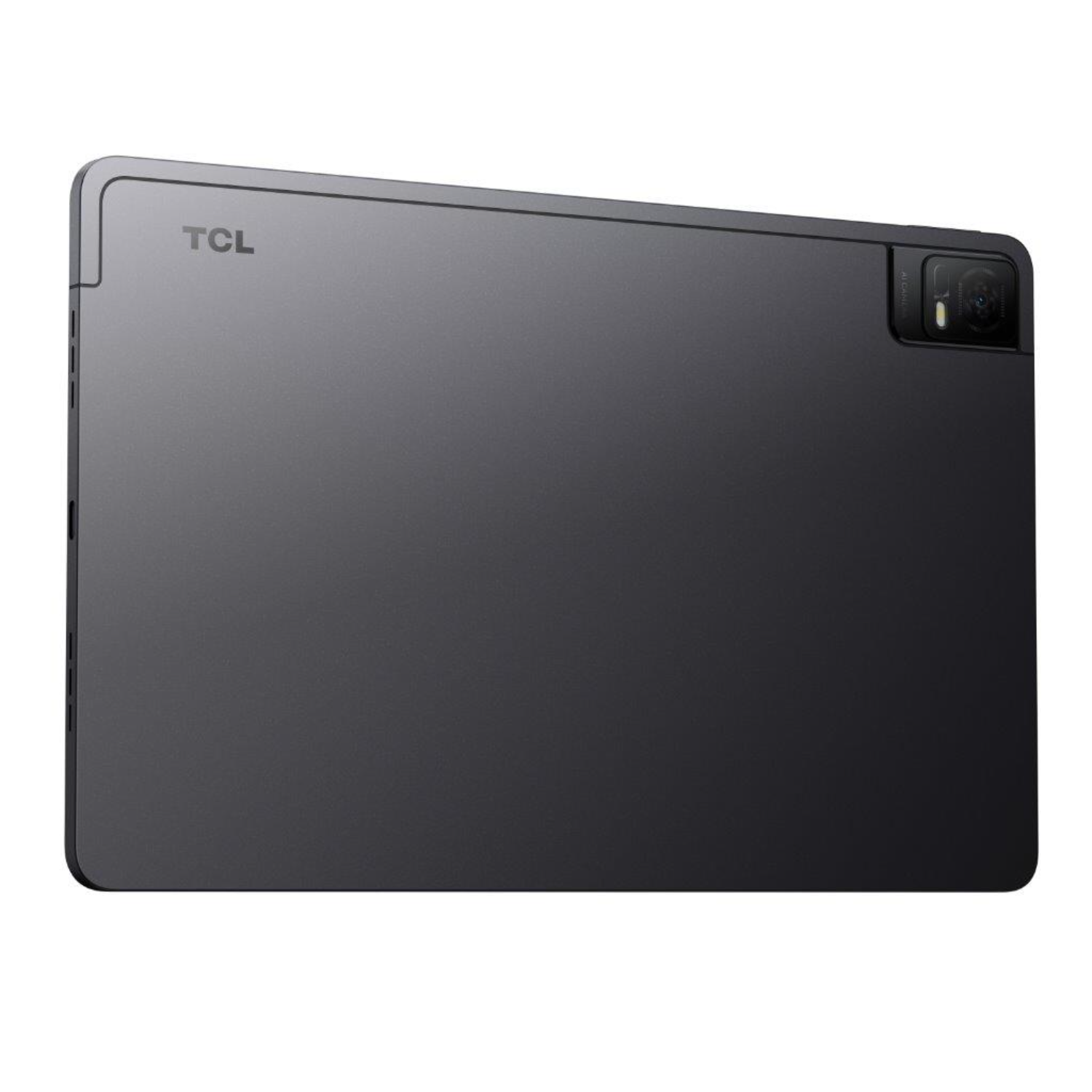 Retro di un tablet grigio scuro con fotocamera e marchio TCL.