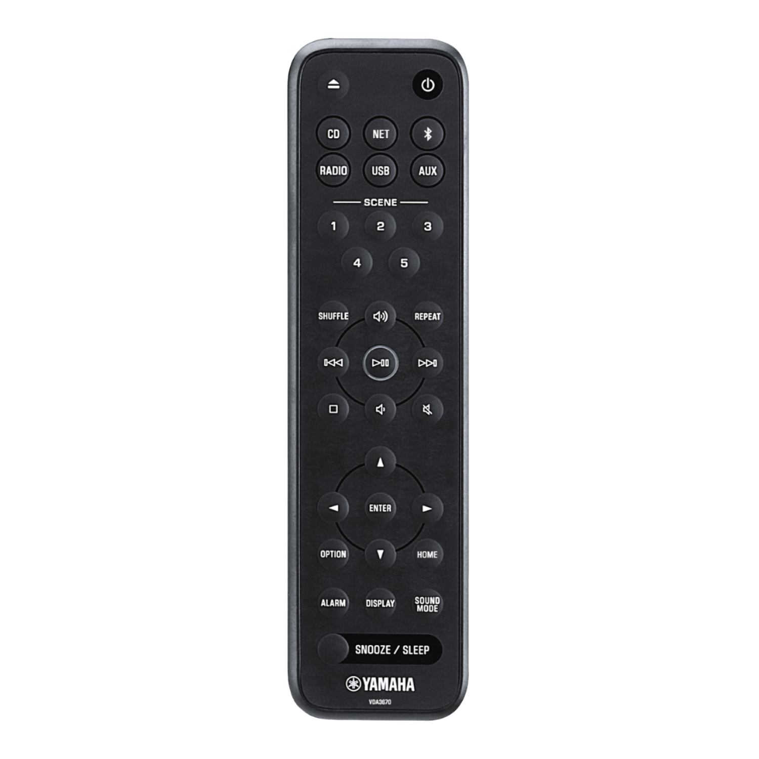 Eine schwarze Yamaha-Fernbedienung mit vielen Tasten für verschiedene Audiofunktionen.
