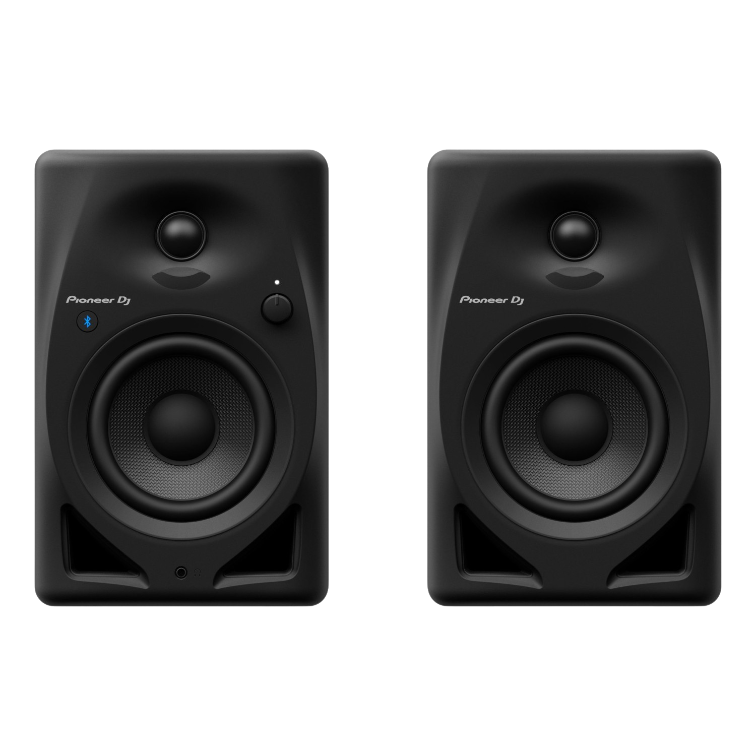 Zwei schwarze Pioneer DJ-Lautsprecher. Jeder hat einen Lautsprecher, einen Drehknopf und das Pioneer DJ-Logo.
