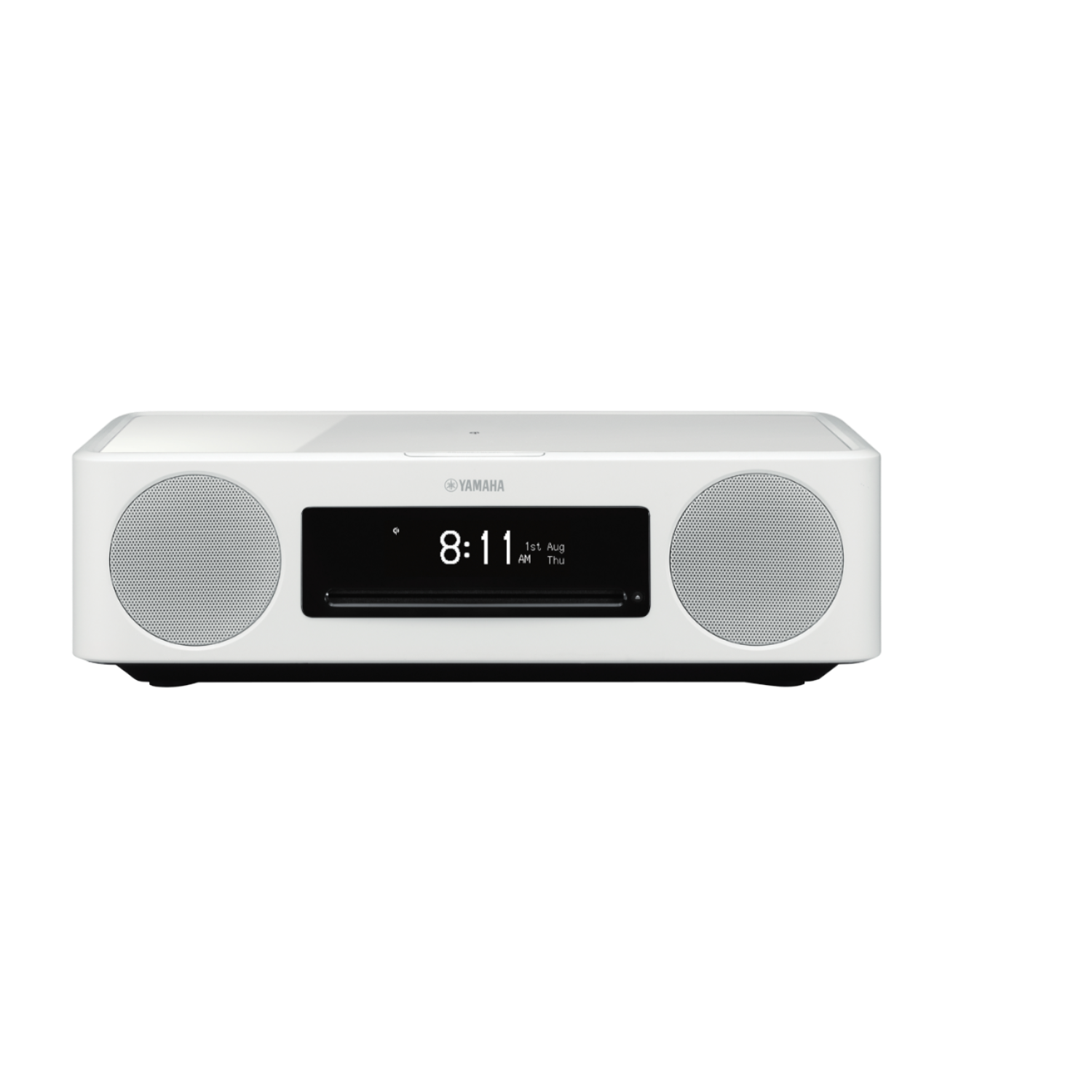 Weißes Yamaha Soundsystem. Zwei Lautsprecher. Digitalanzeige mit Uhrzeit. Schwarzer Hintergrund.