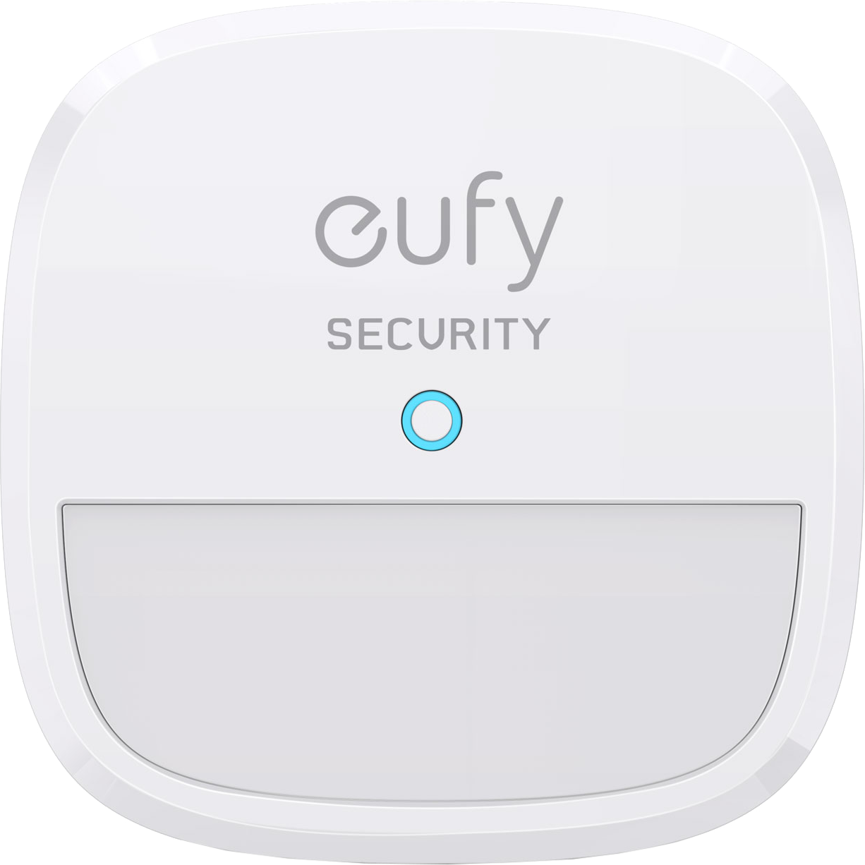 Biały czujnik bezpieczeństwa eufy z niebieskim światłem na białej powierzchni.
