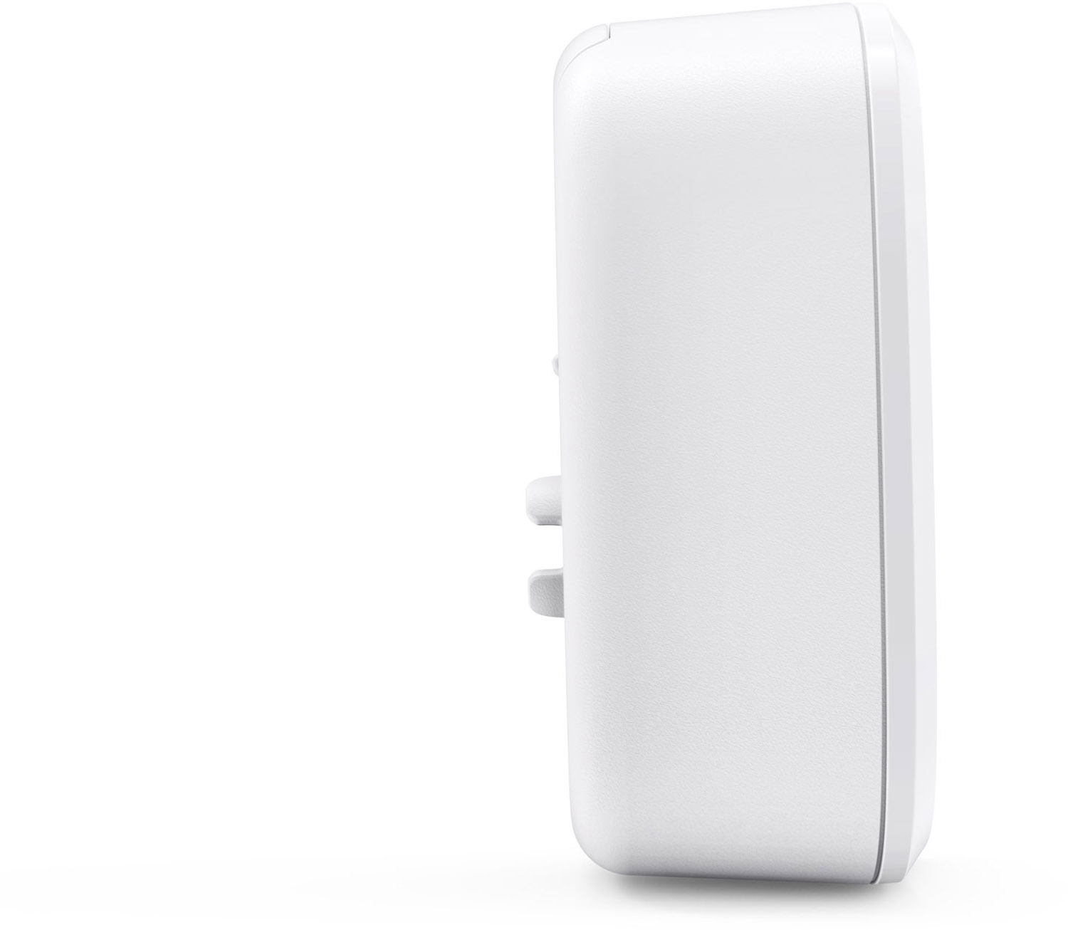 Białe urządzenie z boku z dwoma przyciskami z boku.