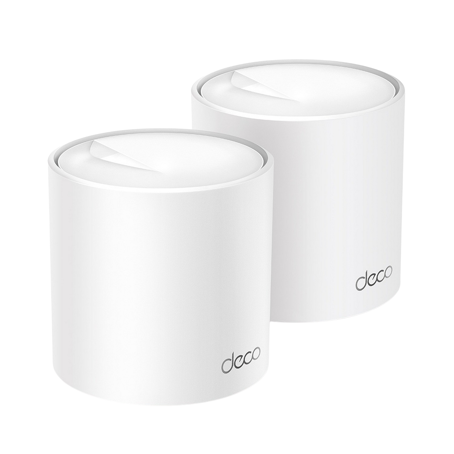 Twee witte, cilindrische Deco mesh wifi-routers. De rechter heeft 'deco' erop.