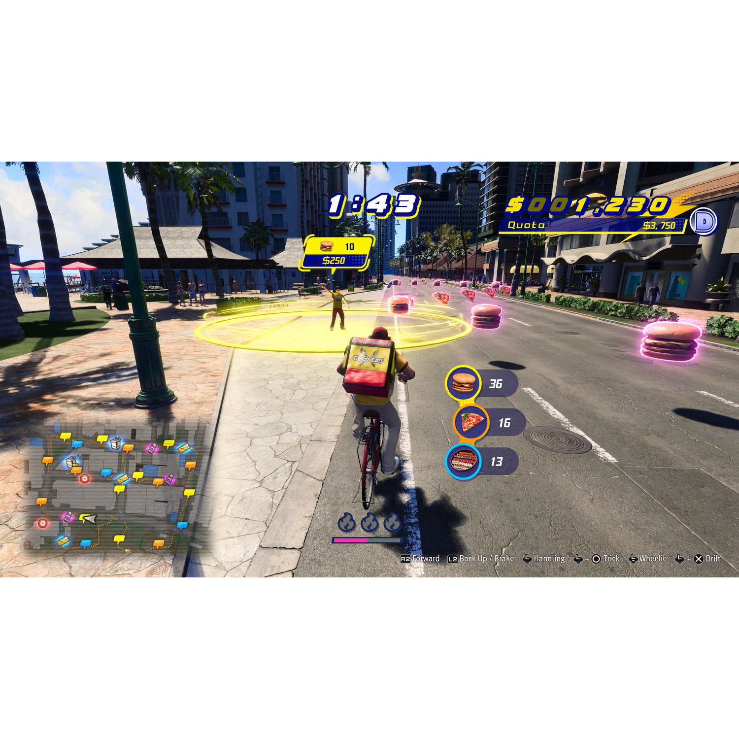 Rowerzysta dostarczający jedzenie na ulicy miejskiej z mapą, ikonami burgerów i wyświetlaczem czasu.