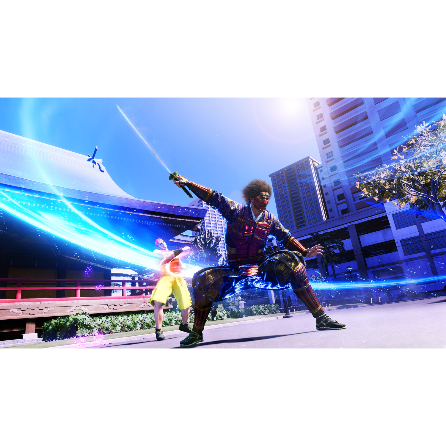 Scena z gry wideo z samurajem walczącym z inną osobą mieczem, z efektami energetycznymi.