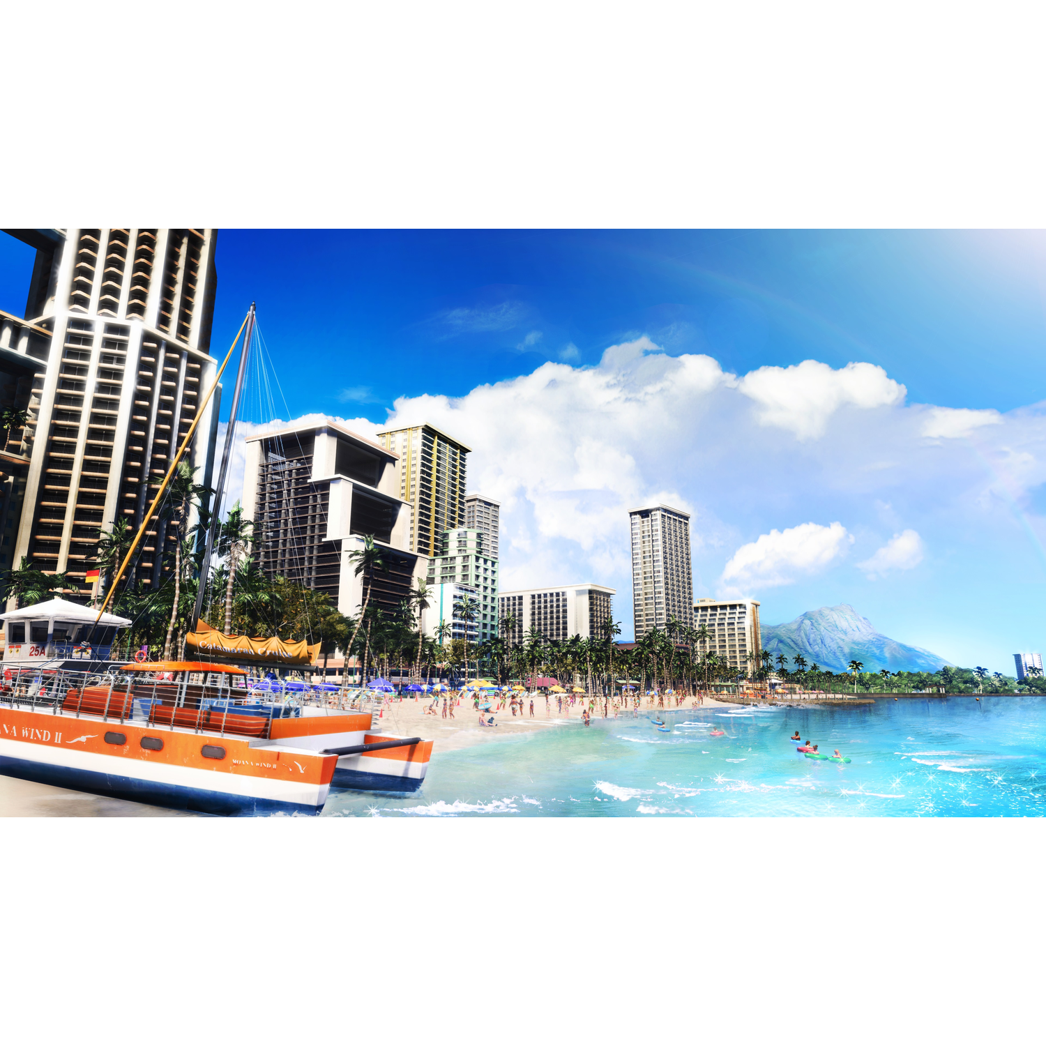 Scena na plaży z łodzią, ludźmi, budynkami, palmami, błękitną wodą i tęczą na niebie.