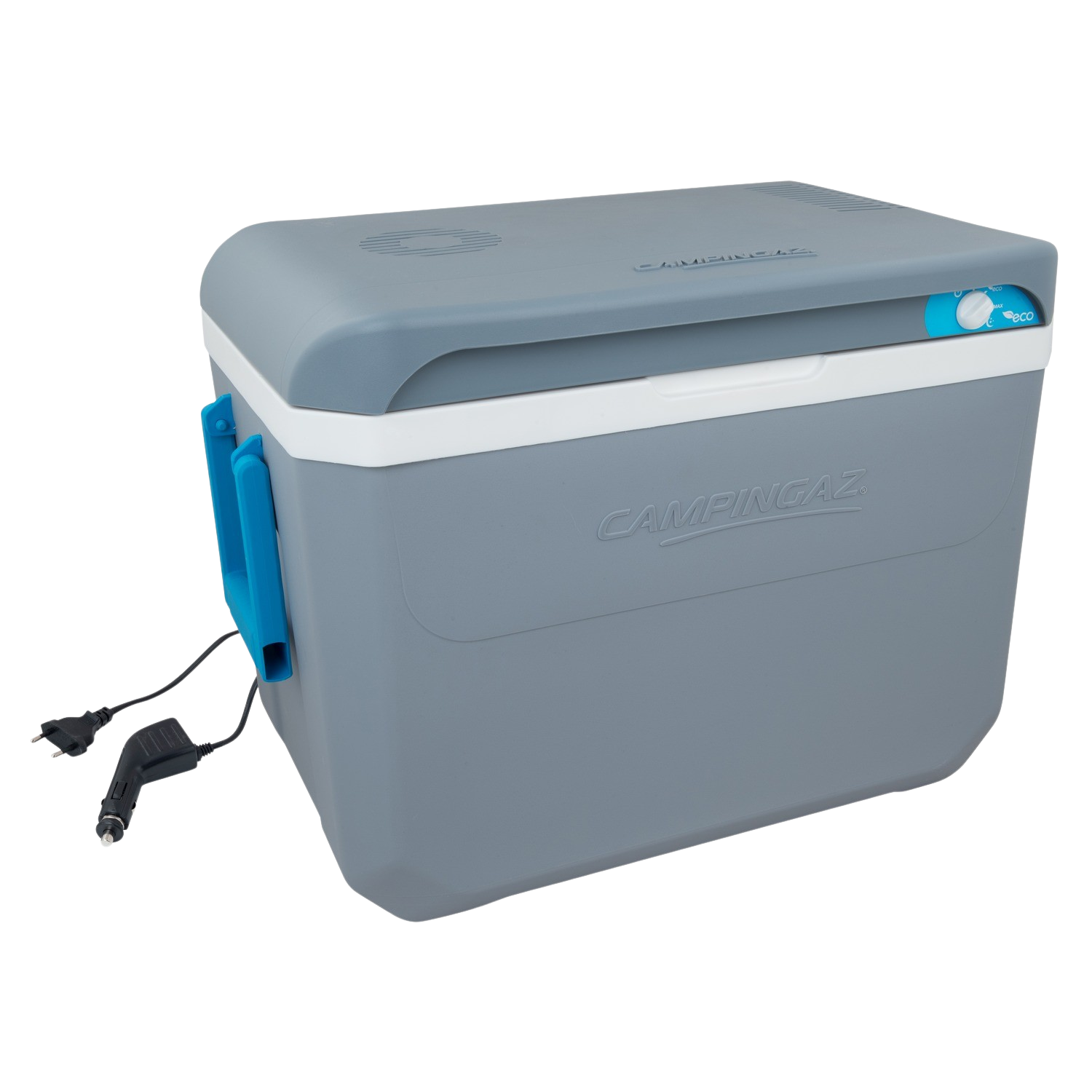 Eine grau-weiße Kühlbox mit blauem Griff und Netzkabel wird gezeigt.
