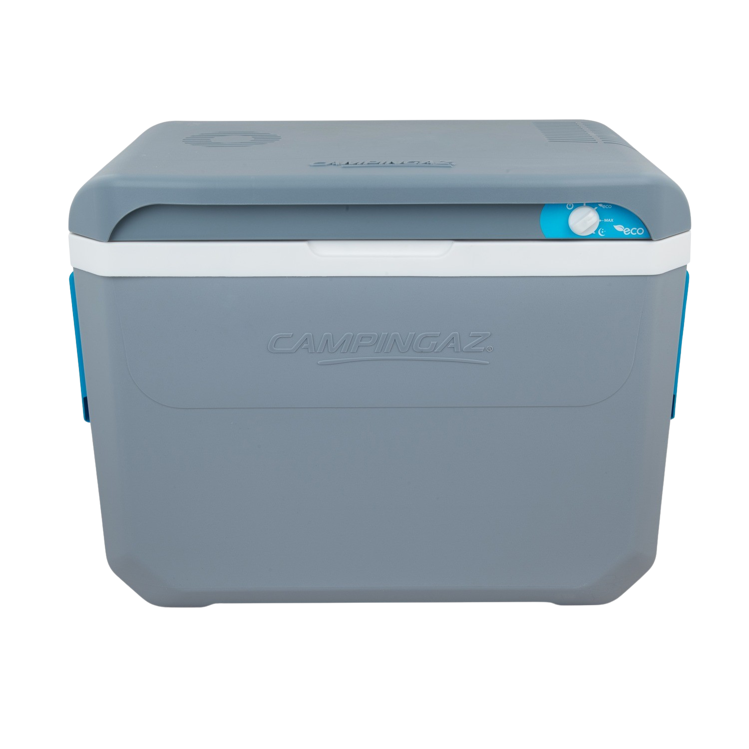 Eine graue Kühlbox mit blauen Akzenten und dem Campingaz-Logo. Sie ist geschlossen.