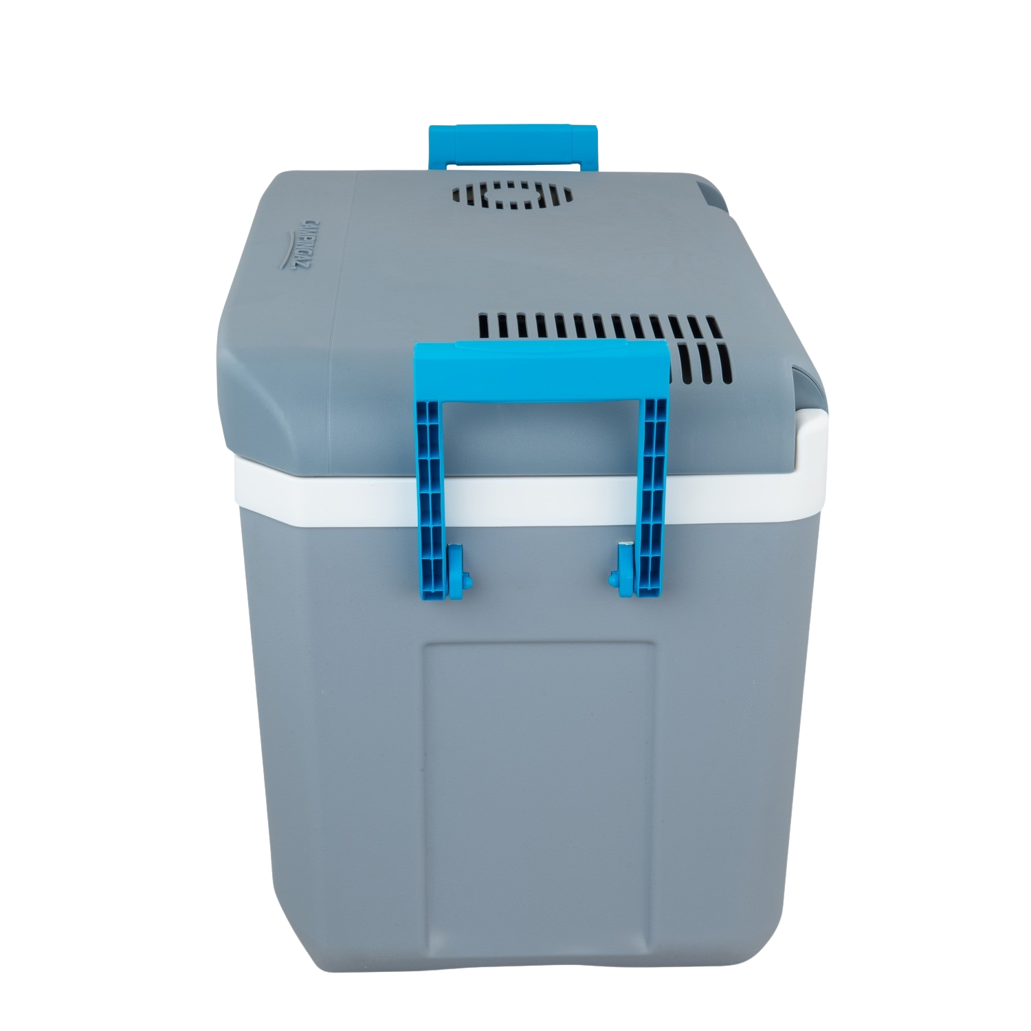 Graue Kühlbox mit blauen Griffen, weißer Zierleiste und Entlüftung, vor schlichtem Hintergrund.