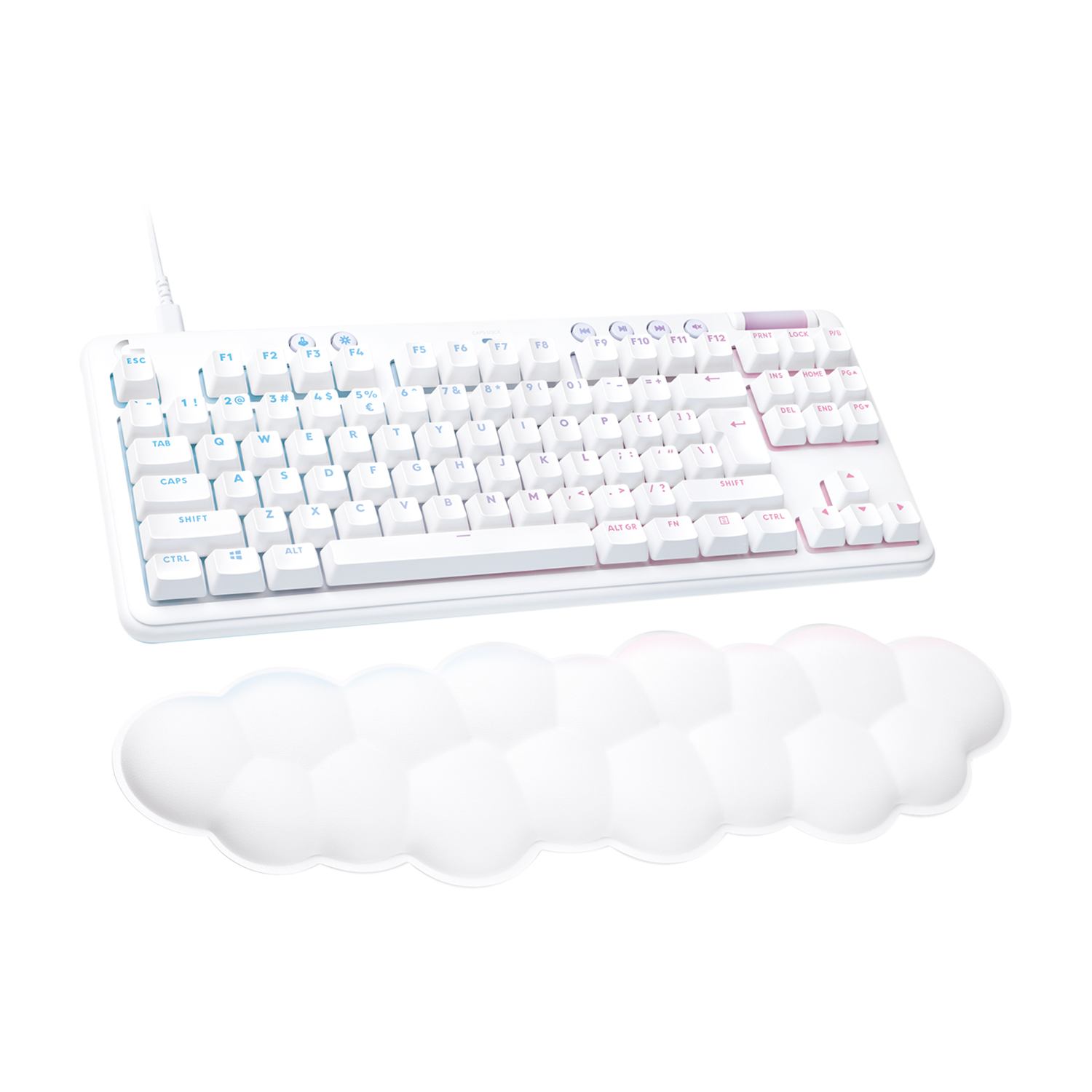 Un teclado blanco con teclas coloridas y un reposamuñecas en forma de nube sobre una superficie blanca.
