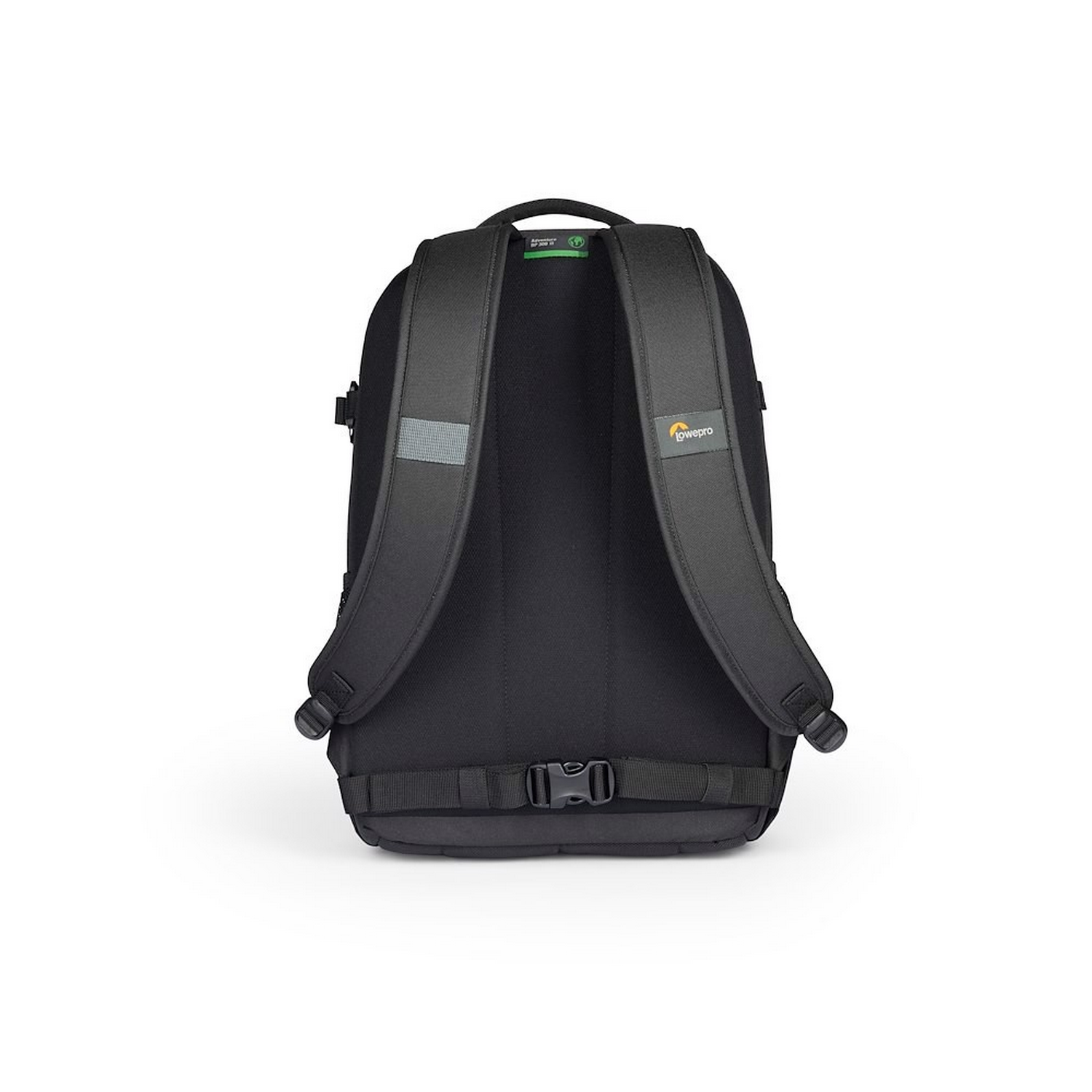 Backpack, black with straps, showing the back and straps, white background.