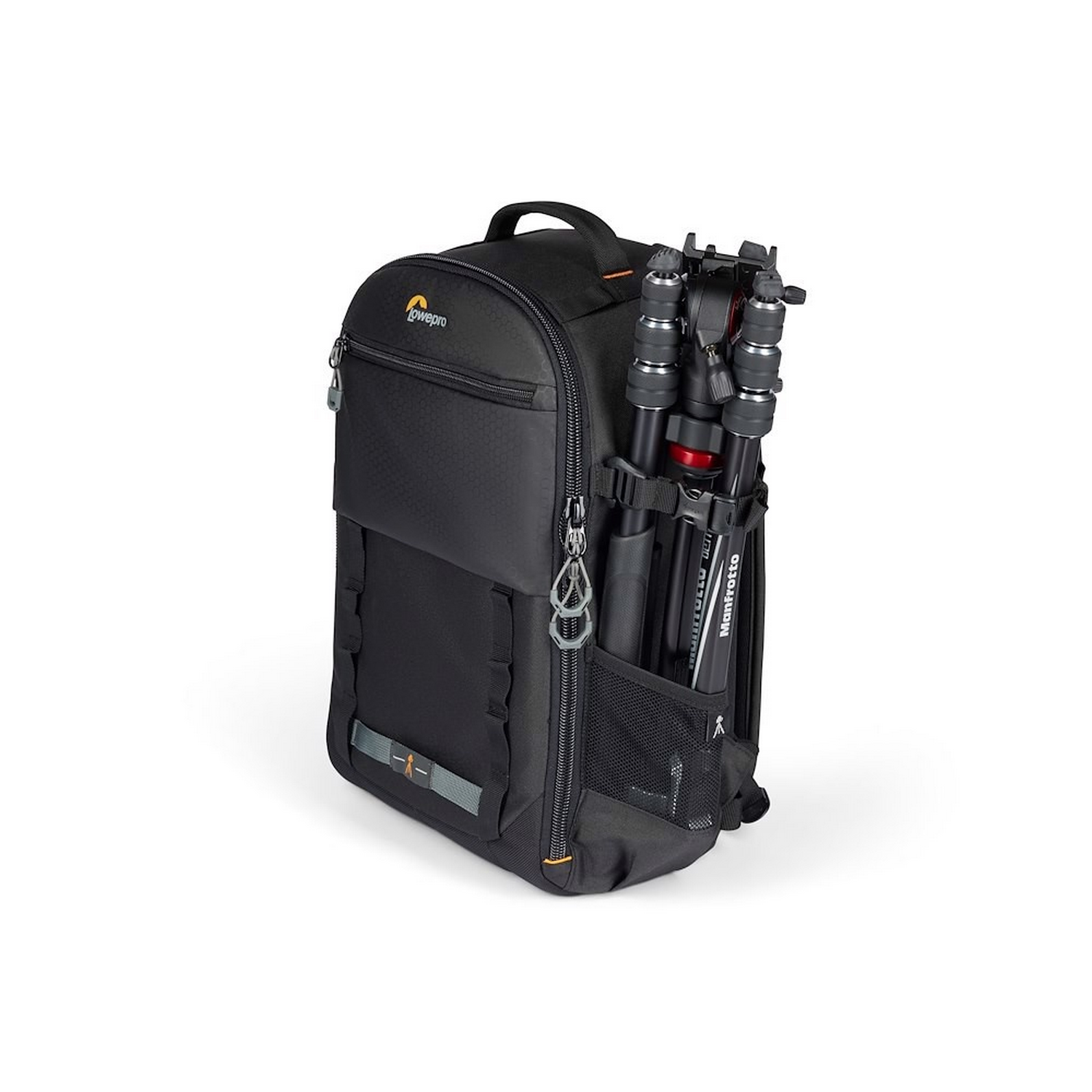 A black backpack with a tripod attached. The tripod is in a side pocket. White background.