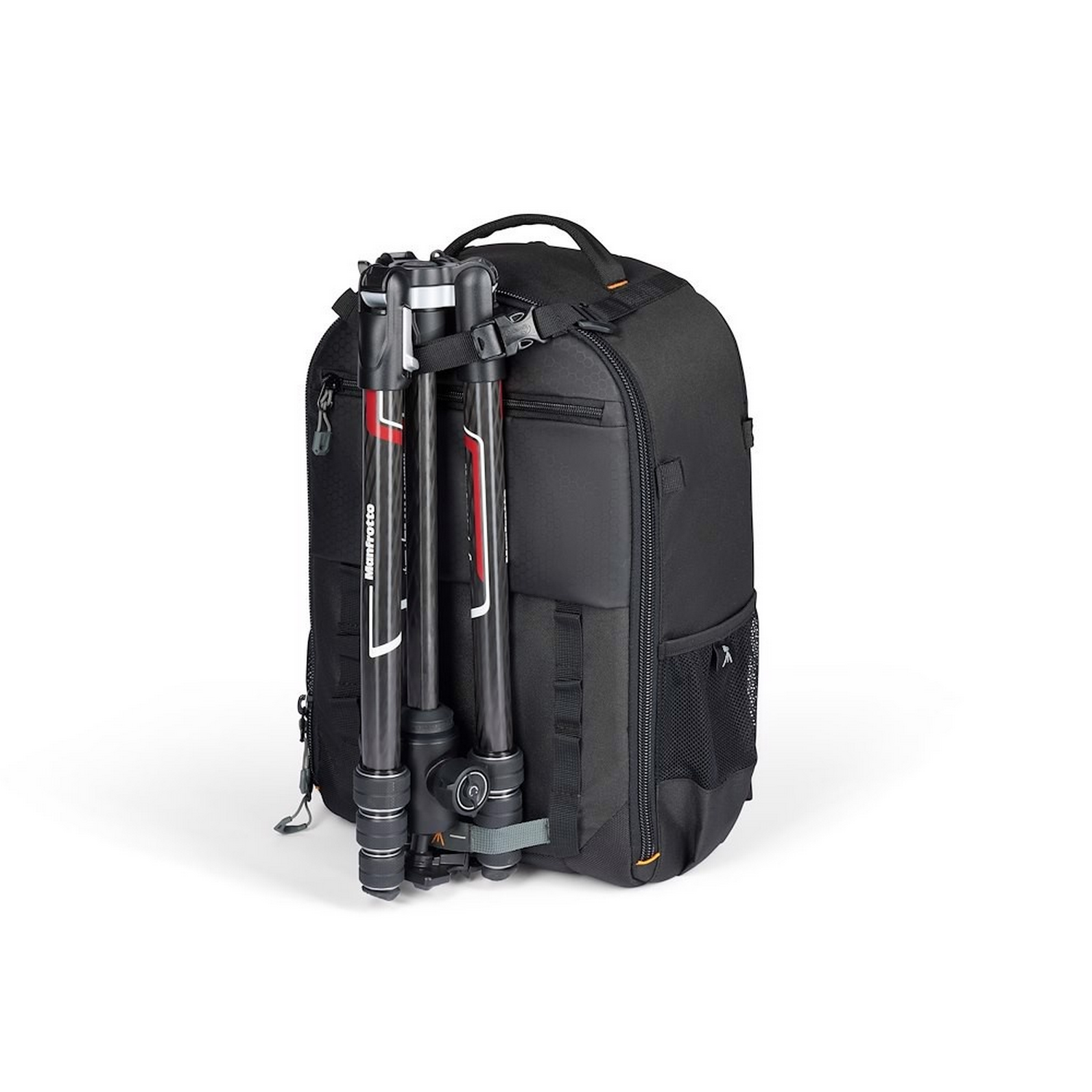 A black backpack with a tripod attached on the side. The tripod is black and red.