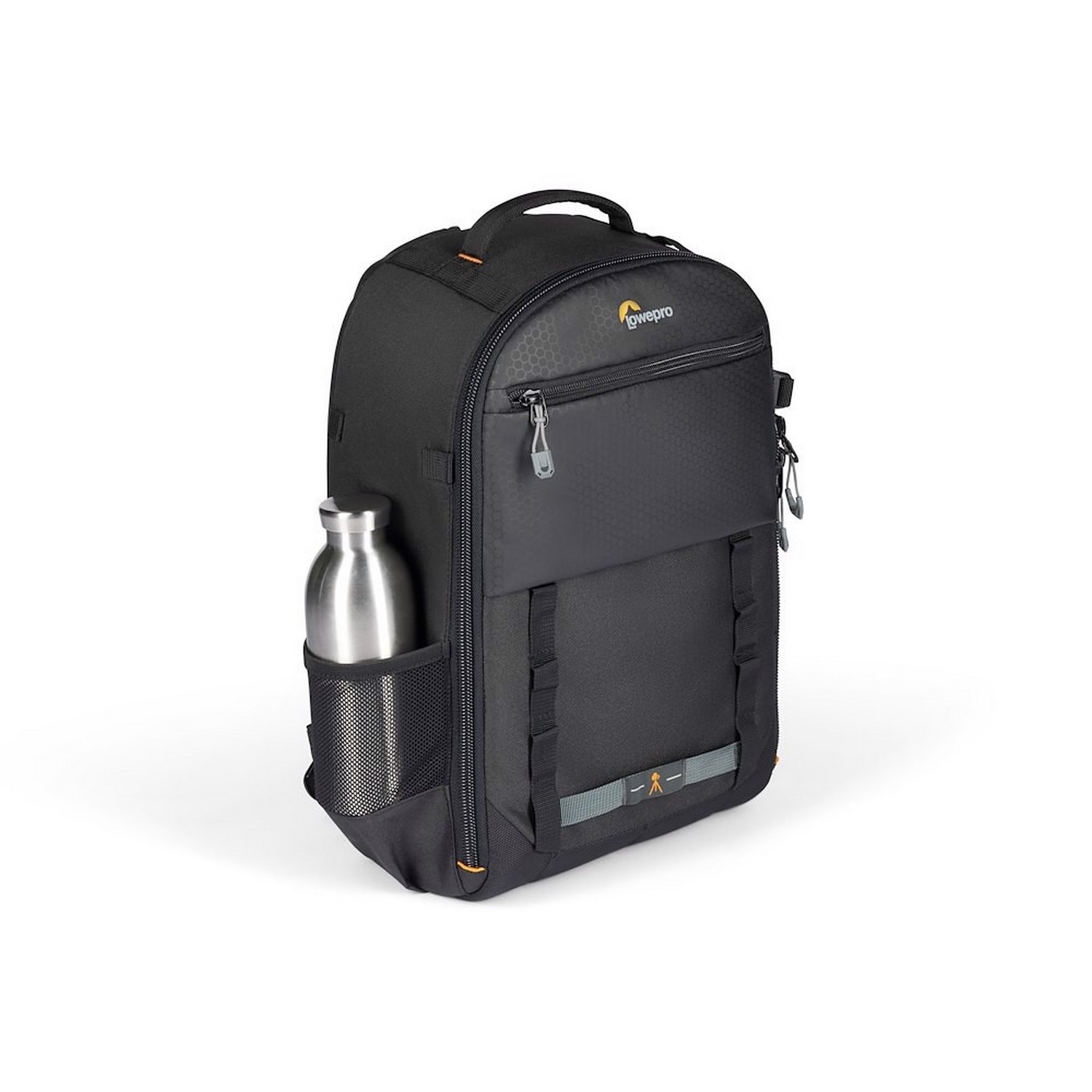 Black Lowepro camera backpack with a water bottle in the side pocket.