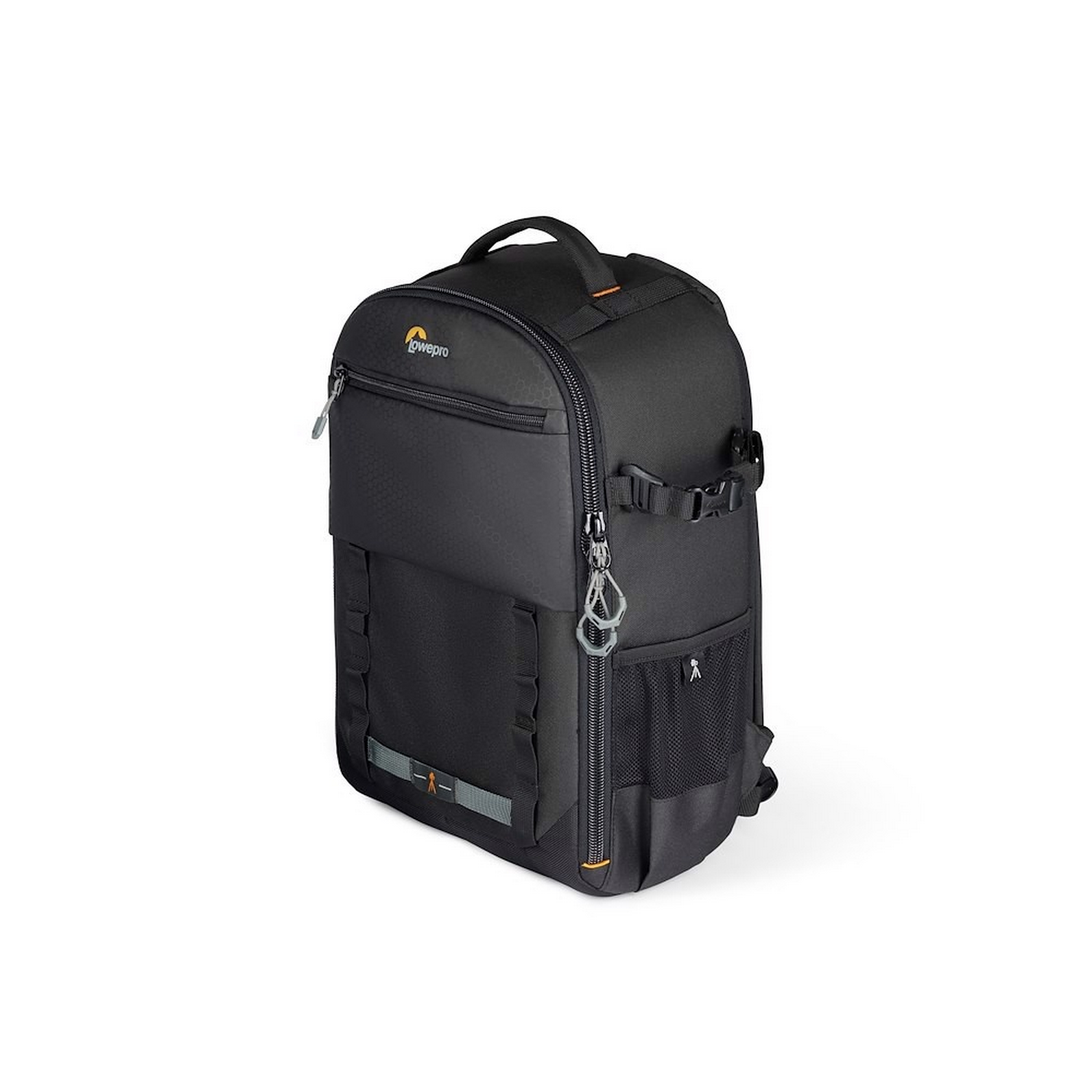 Black backpack with multiple pockets and zippers, a handle and a logo. White background.