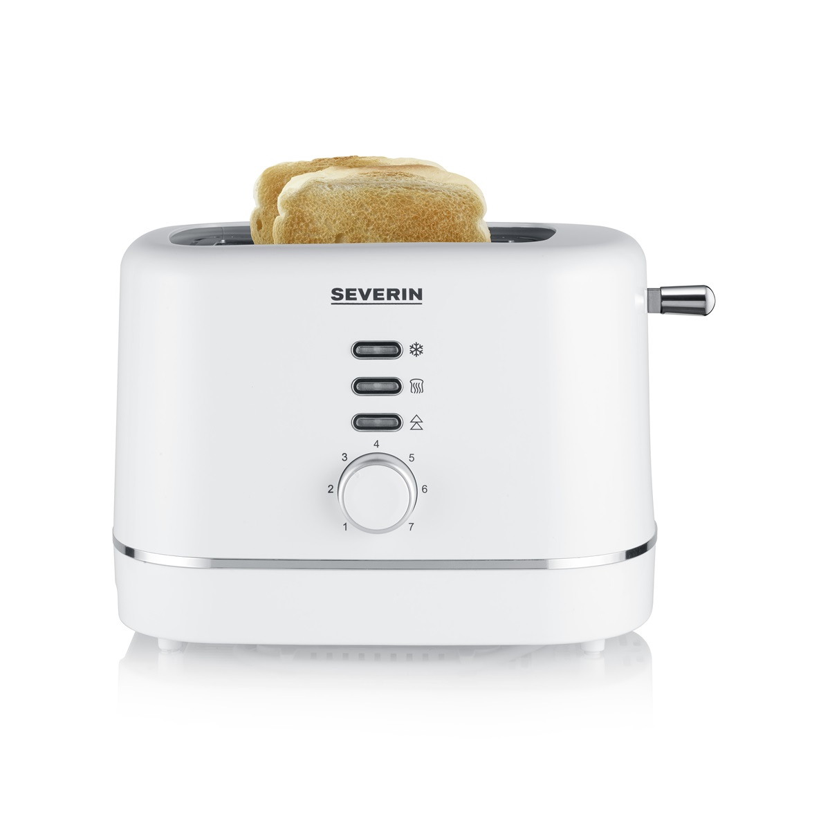 Biały toster z dwoma kromkami tostowanego chleba, pokrętłami i marką 'SEVERIN'.