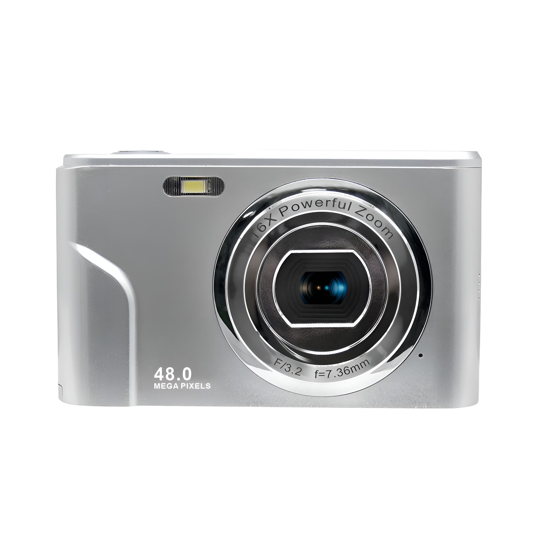 Silberne Digitalkamera mit Objektiv und Text: 48,0 Megapixel, 16x Leistungsstarker Zoom und F/3.2.
