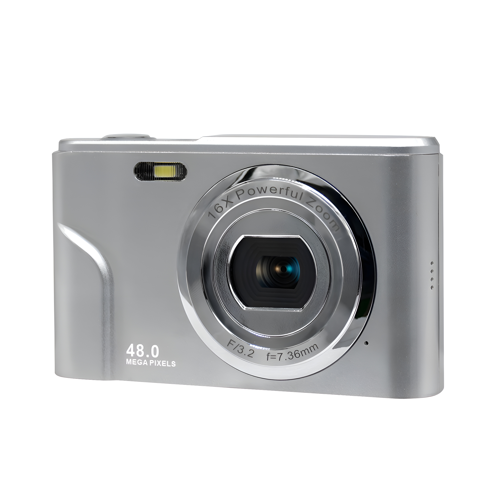 Eine silberne Digitalkamera mit Objektiv, Blitz und Text, der 48,0 Megapixel anzeigt.