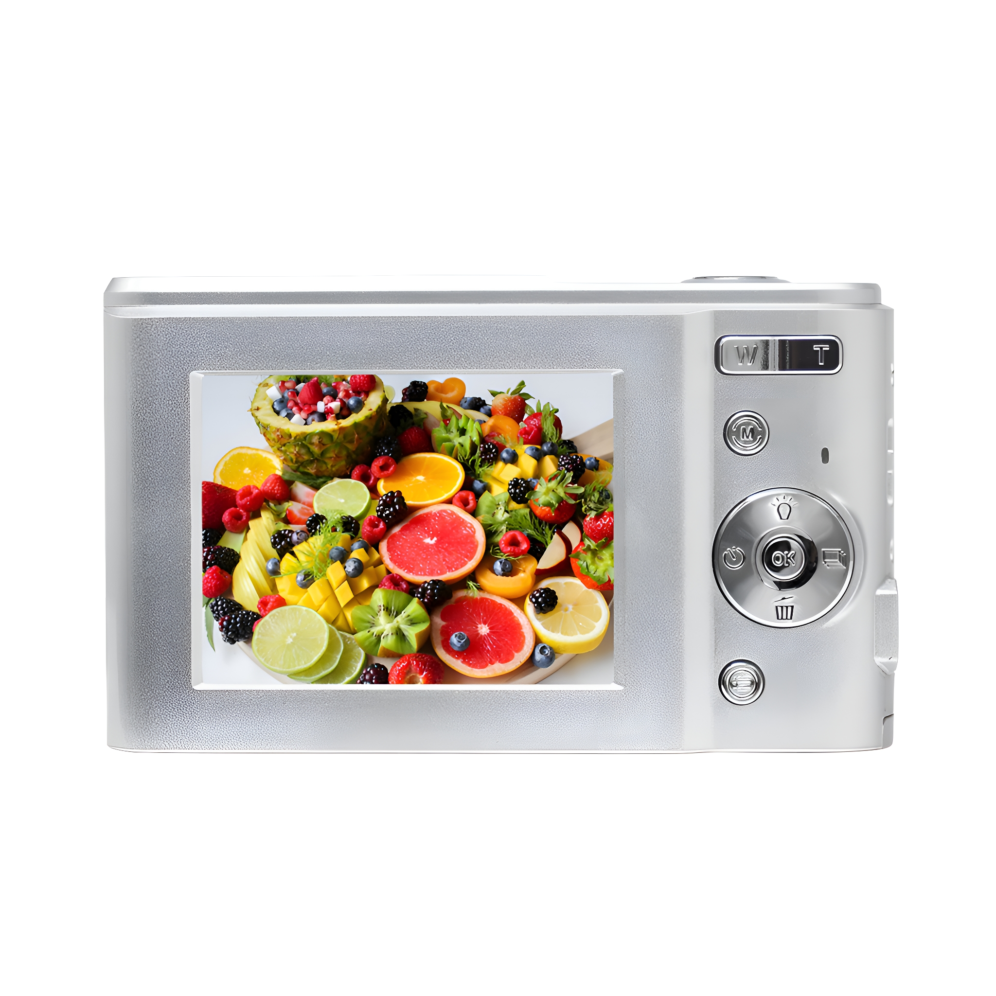 Silberne Digitalkamera, die einen Obstsalat auf dem Bildschirm zeigt; weißer Hintergrund.