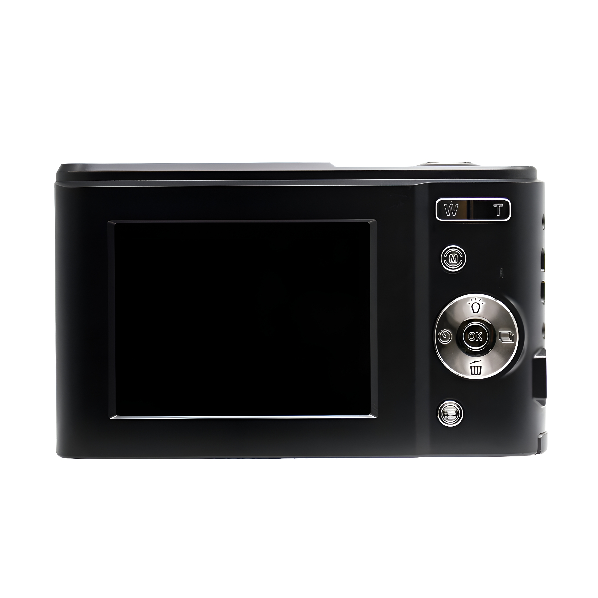 Eine schwarze Digitalkamera mit Bildschirm, Knöpfen und Objektiv auf weißem Hintergrund.