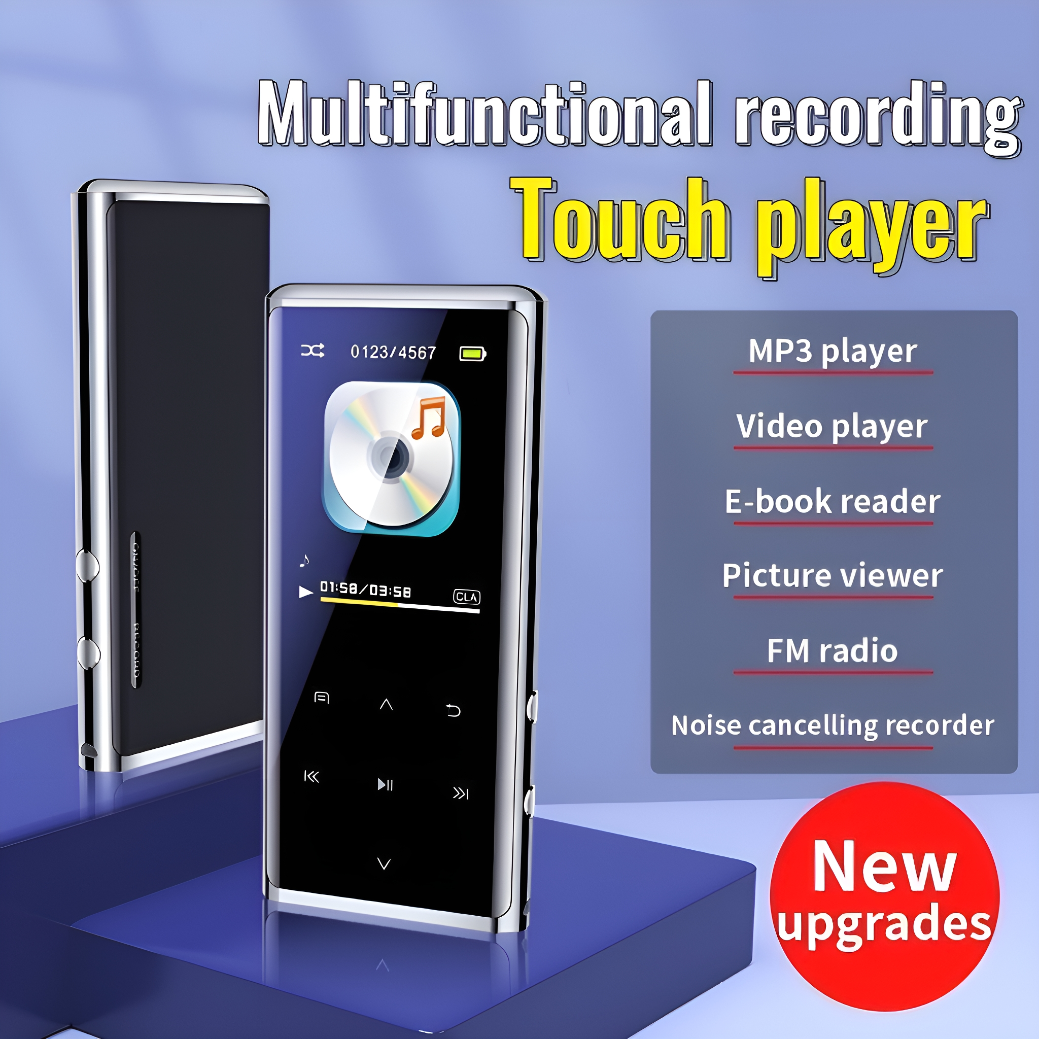 Schwarzer MP3-Player mit Bildschirm und Tasten, Funktionen rechts. Neues Upgrade-Etikett.