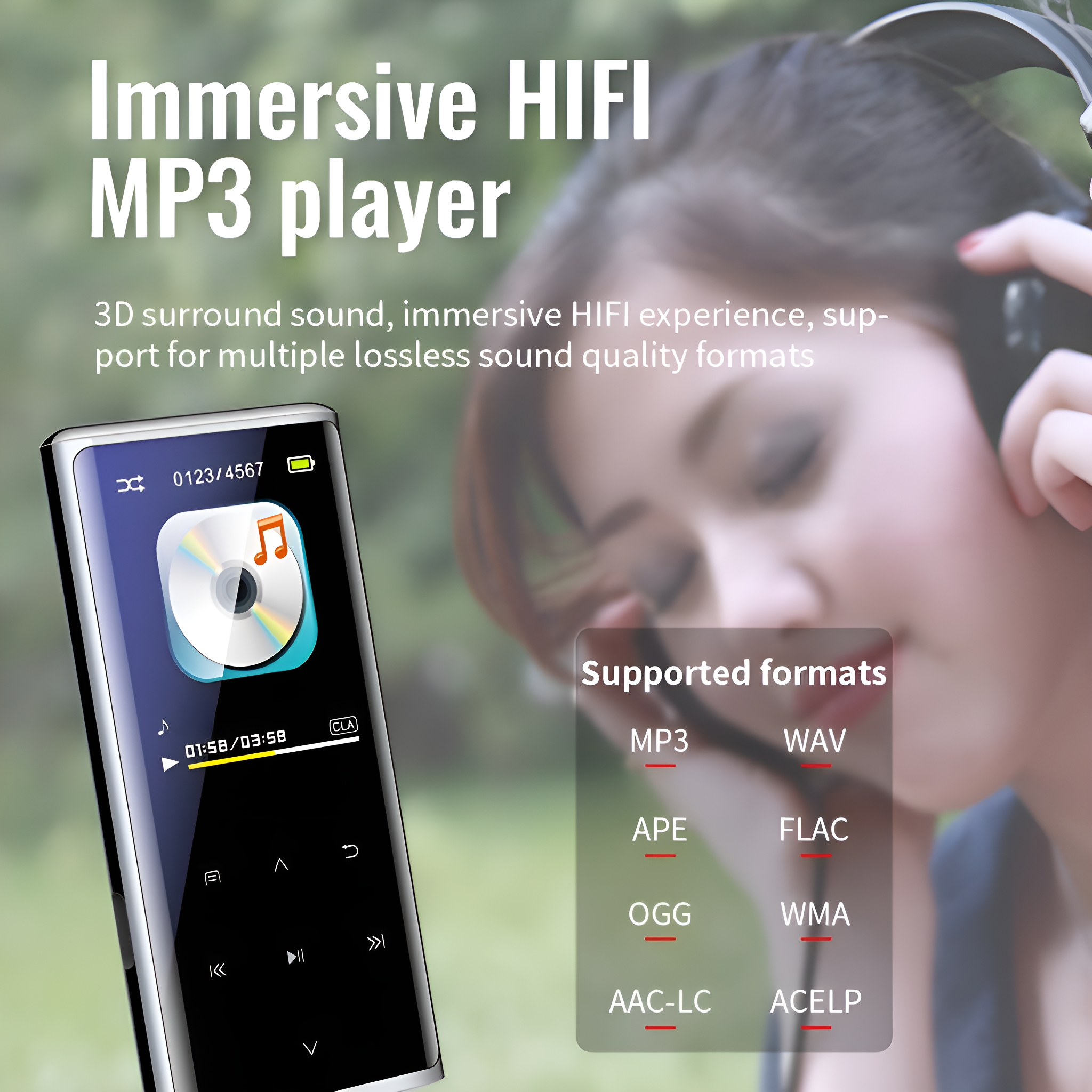 Eine Frau hört einen MP3-Player. Der Player ist schwarz mit einem Bildschirm und Tasten.