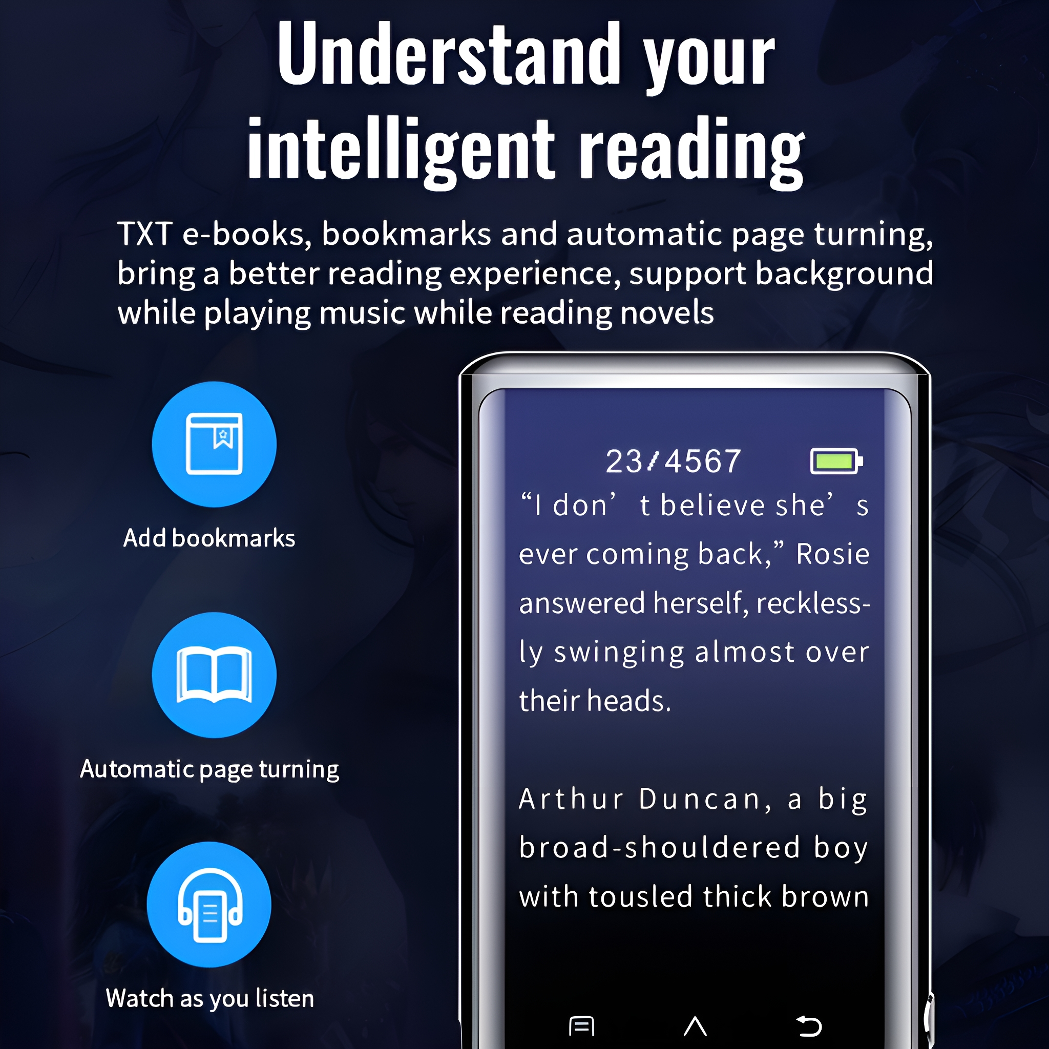 Ein Handheld-Gerät mit einem Bildschirm, der Text anzeigt, mit Symbolen für Lesezeichen und Zuhören.