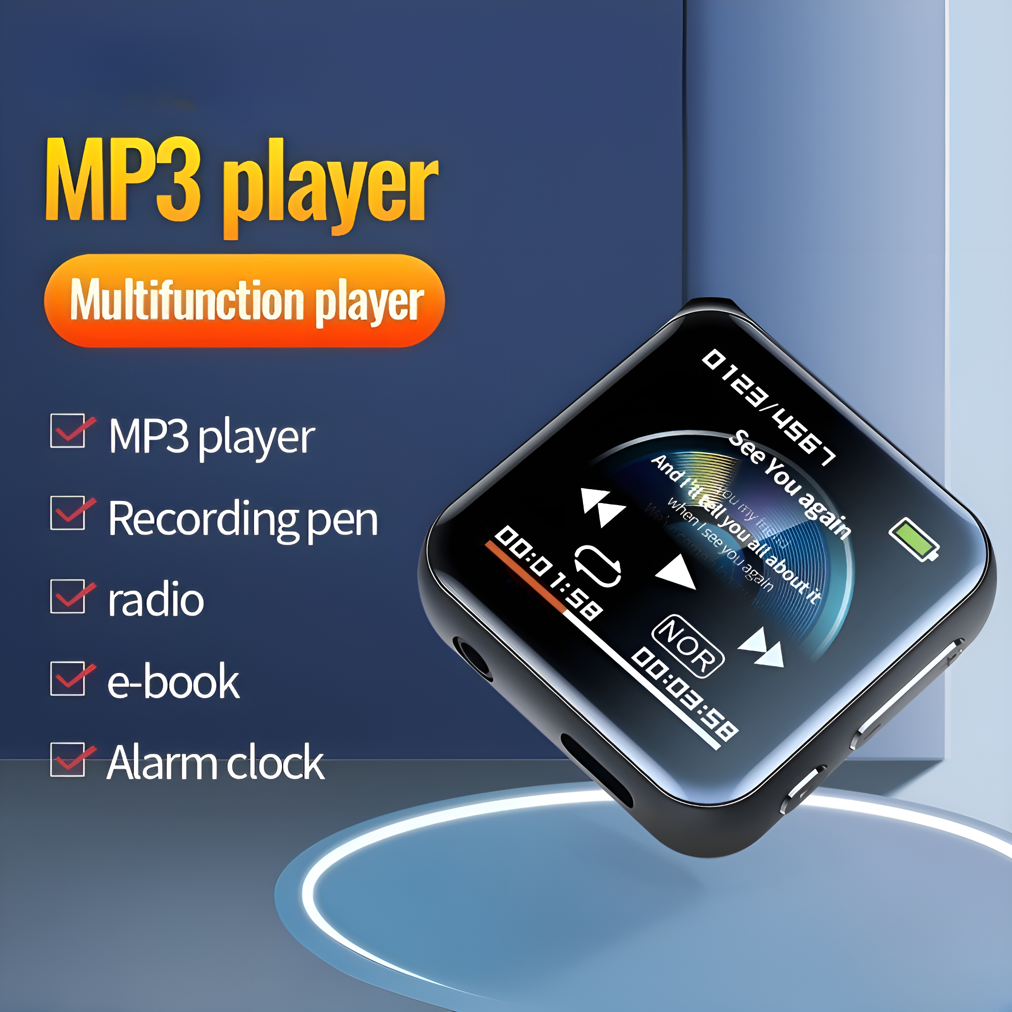 Ein MP3-Player mit Bildschirm und Knöpfen. Er hat eine Funktionsliste.