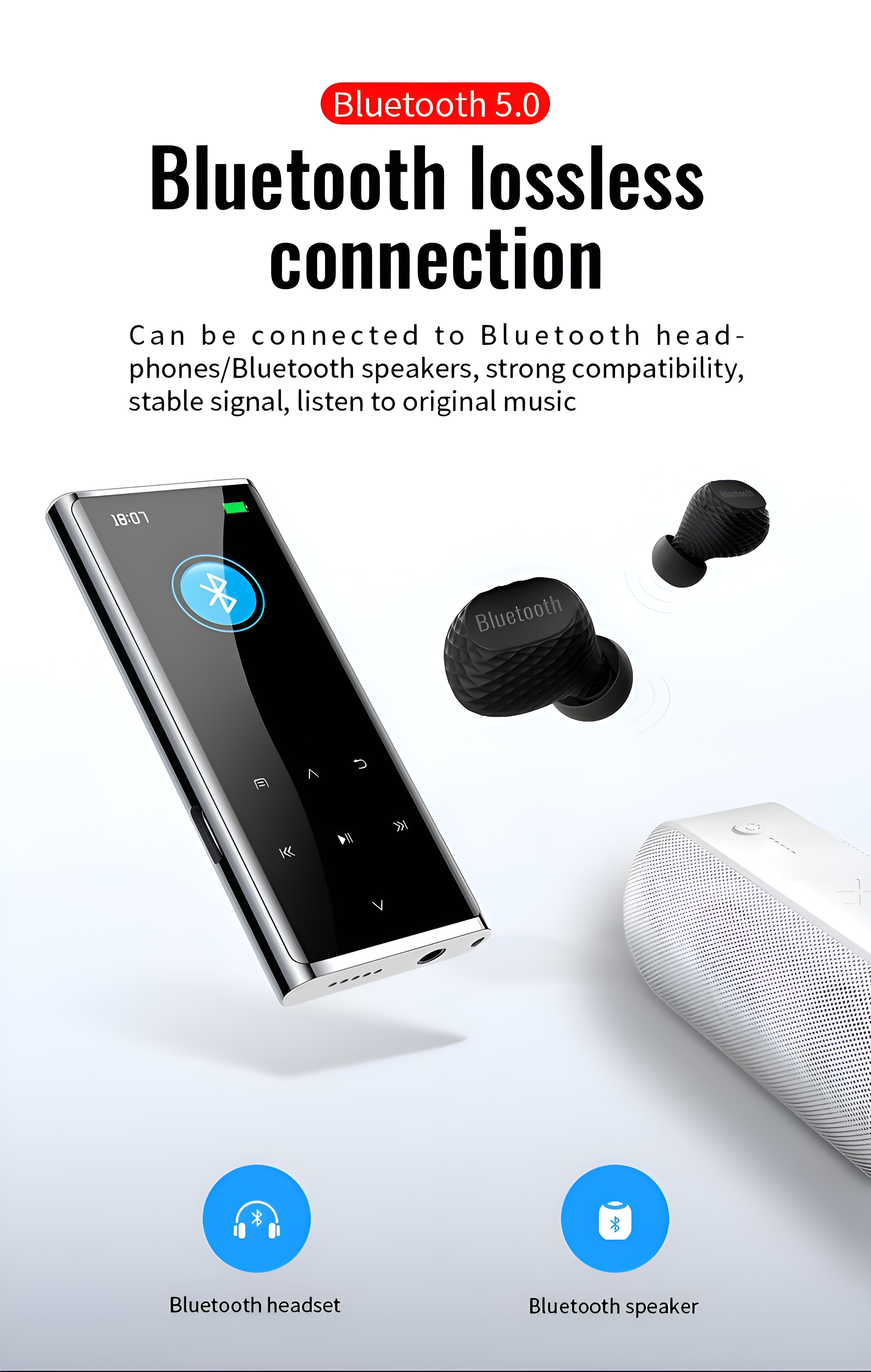 Schwarzes Gerät mit Ohrhörern und einem Lautsprecher. Bluetooth 5.0. Weißer Hintergrund und leichter Blaustich.