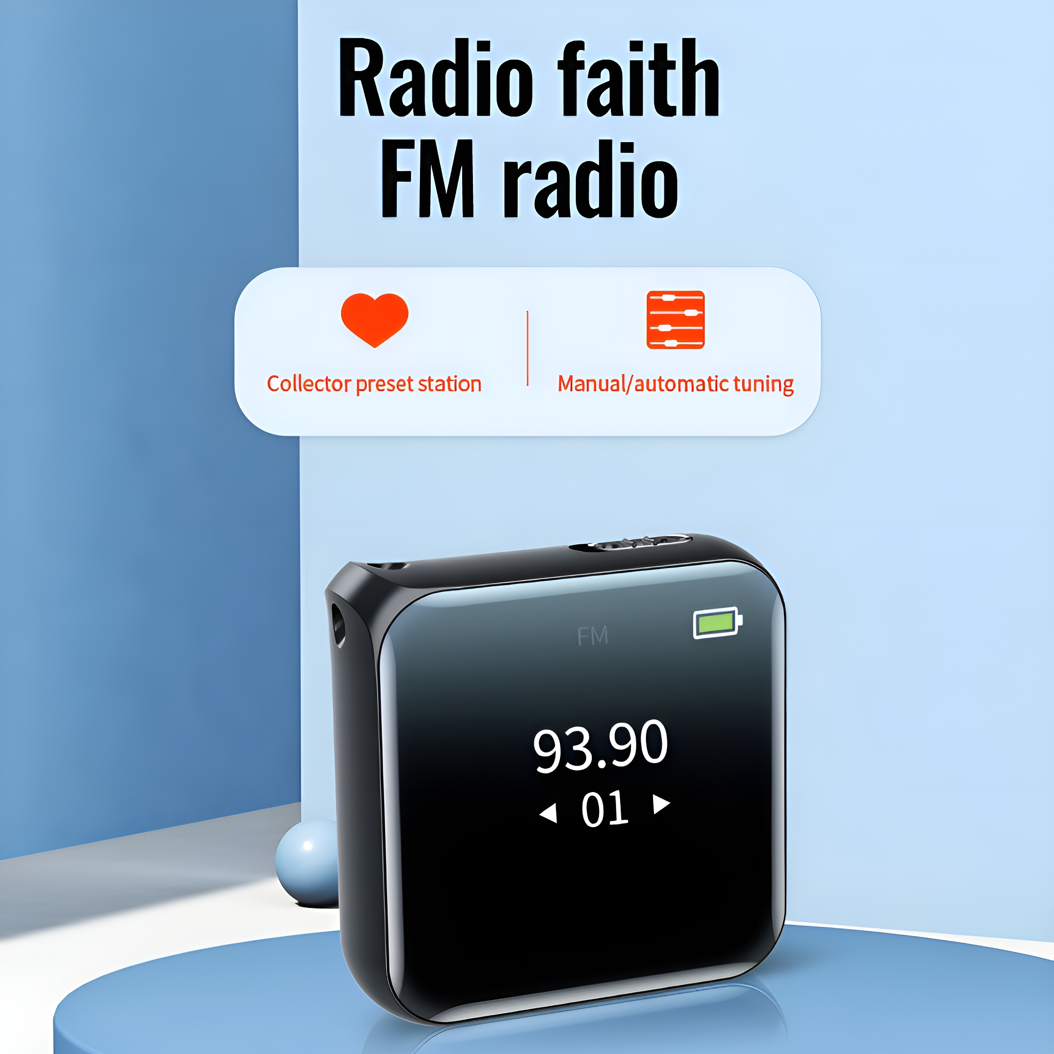Schwarzes tragbares UKW-Radio mit Display. Display zeigt 93.90 und 01. Text: 'Radio faith'.