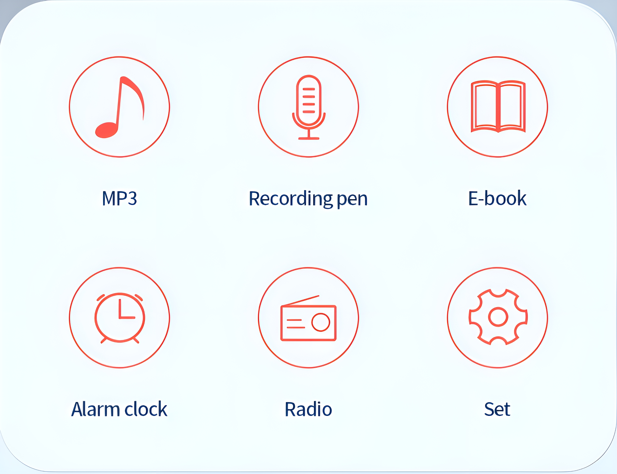 Symbole für MP3, Aufnahmestift, E-Book, Wecker, Radio und Einstellungen.