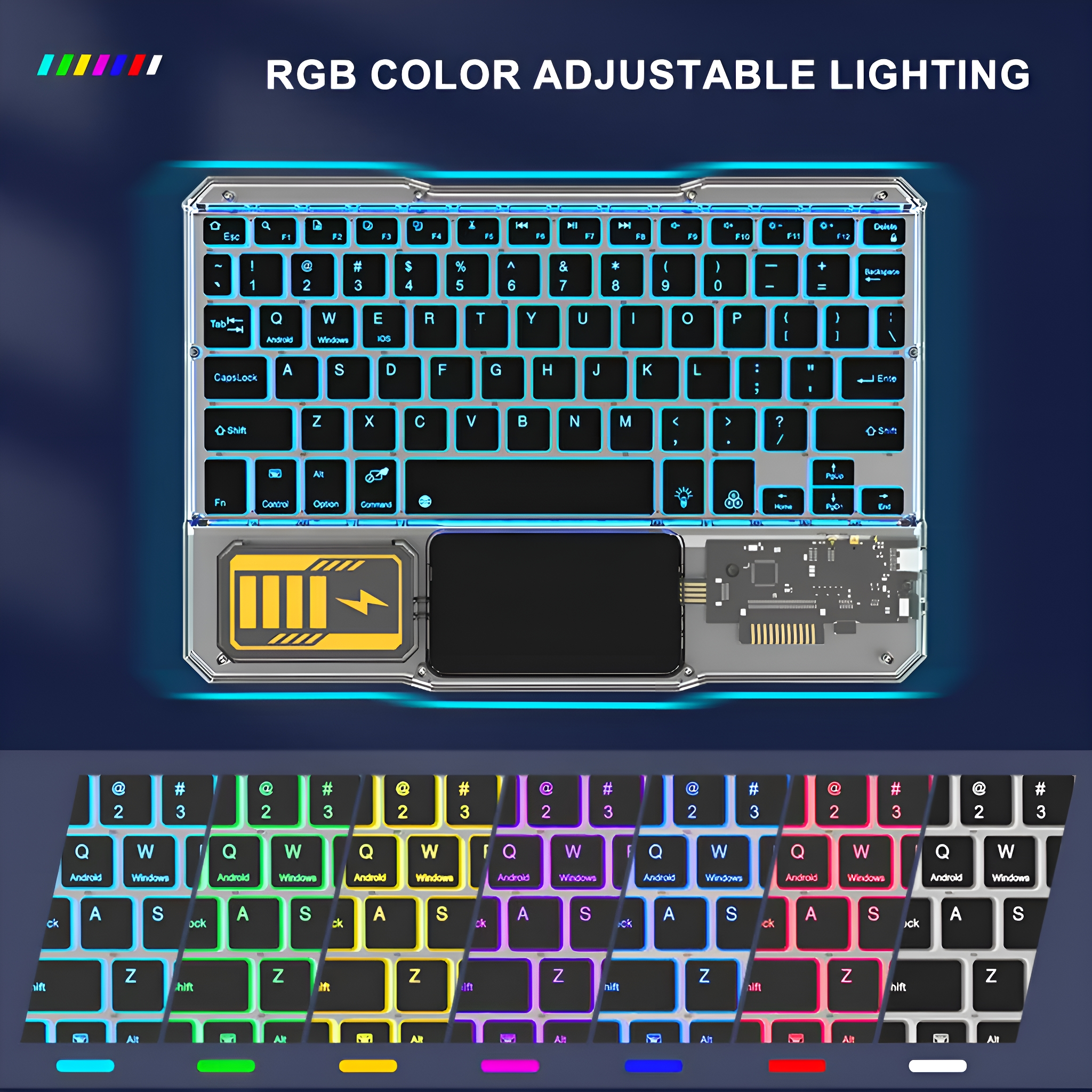 Tastatur mit RGB-Farbeinstellbarer Beleuchtung. Die Tastatur hat viele Tasten und ist silber.