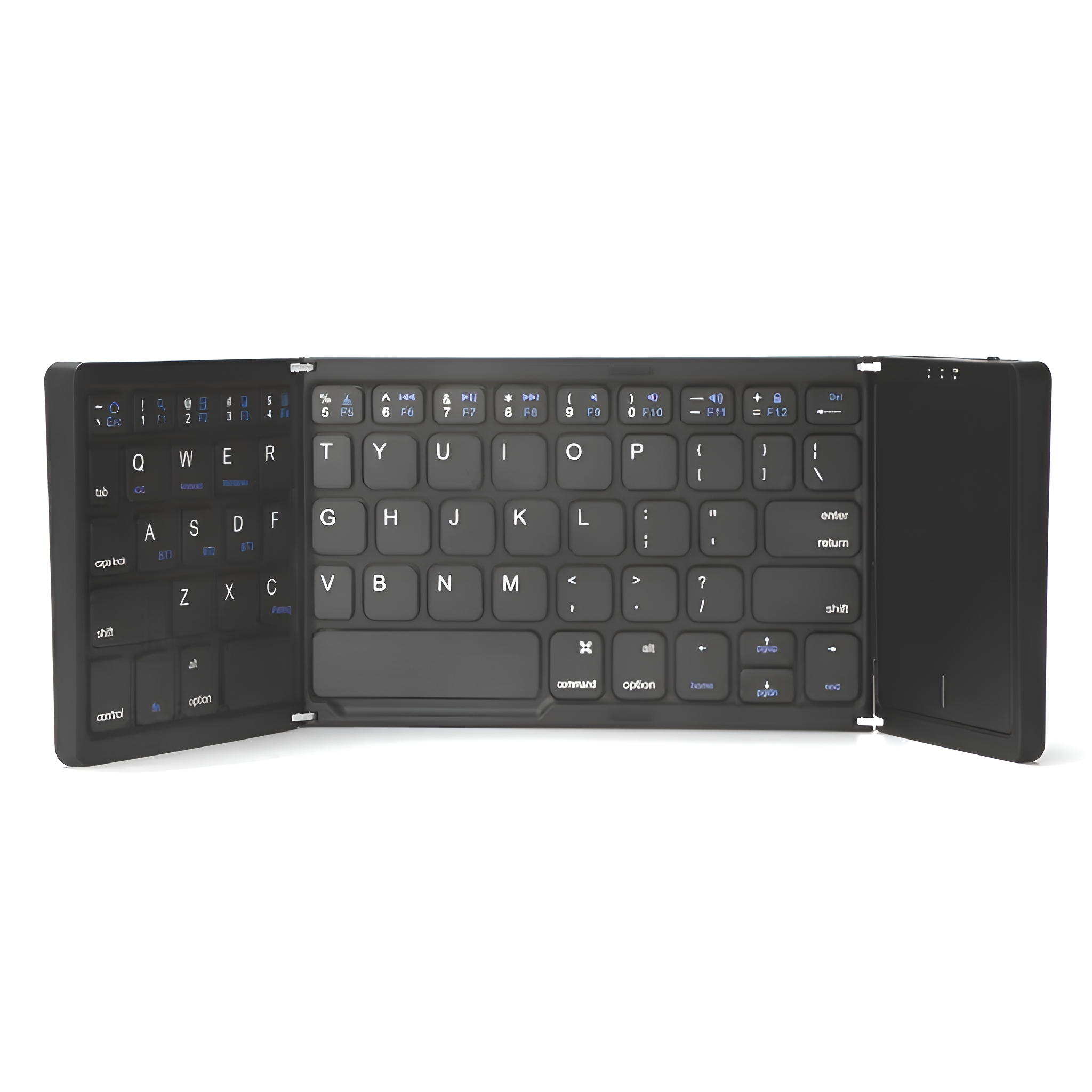 Schwarze, faltbare Tastatur mit weißen Tasten, offen und einsatzbereit.