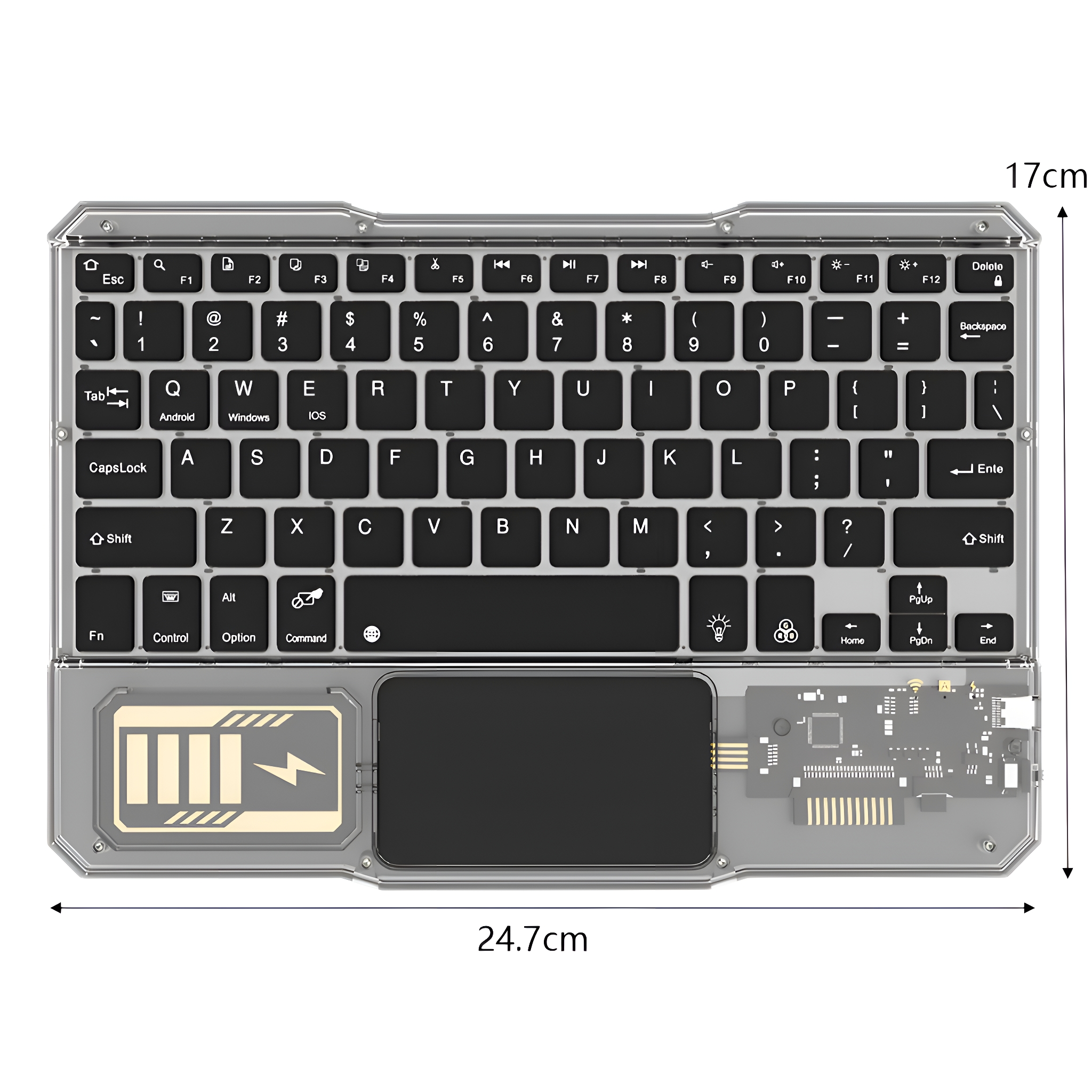 Silberne Tastatur mit Touchpad und beleuchteter Ladeanzeige. Rechteckig.