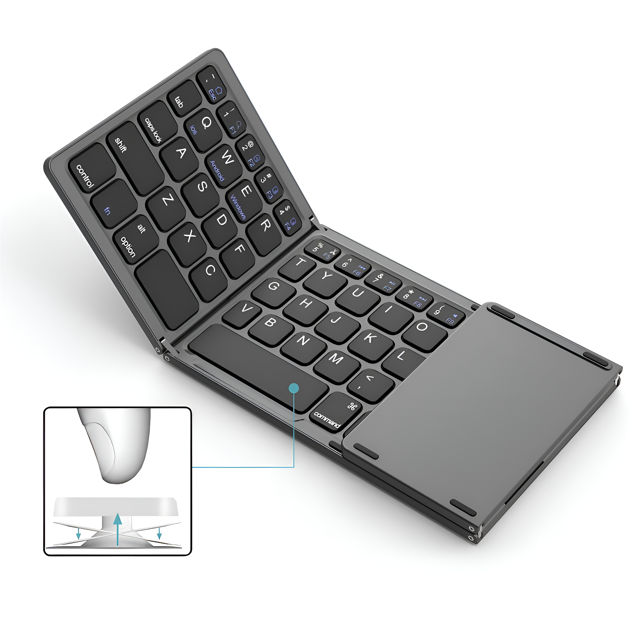 Faltbare Tastatur mit Touchpad und kleinem Diagramm, das den Scharniermechanismus zeigt.
