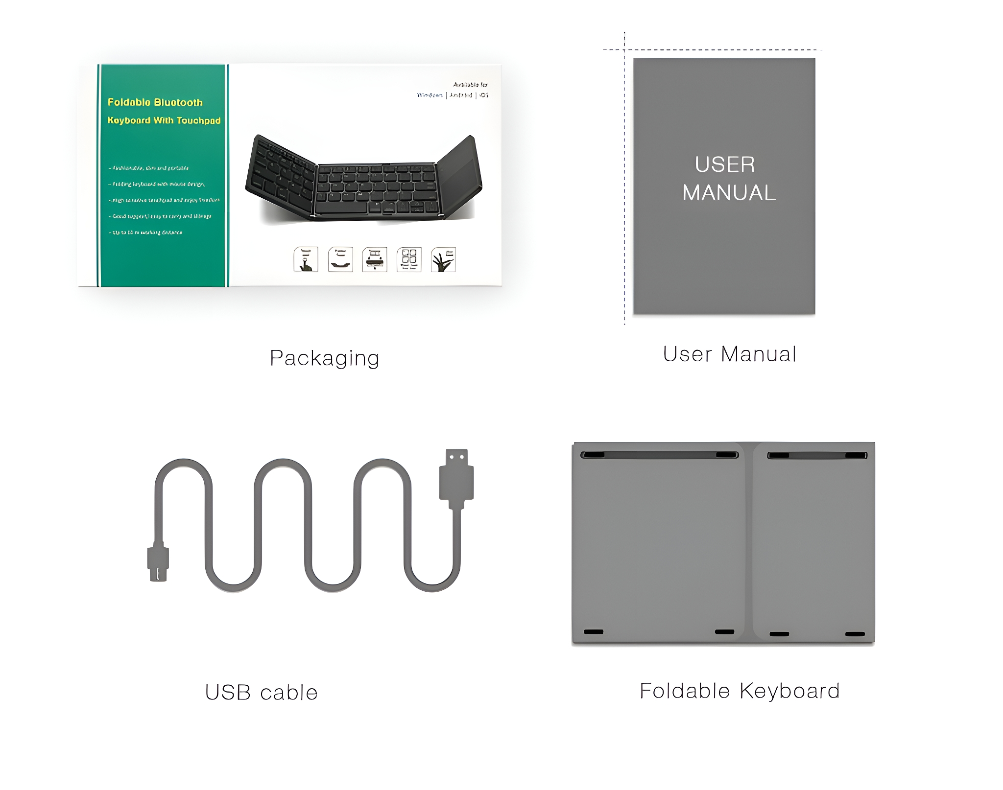 Faltbare Bluetooth-Tastatur mit Touchpad, Verpackung, Benutzerhandbuch und USB-Kabel.