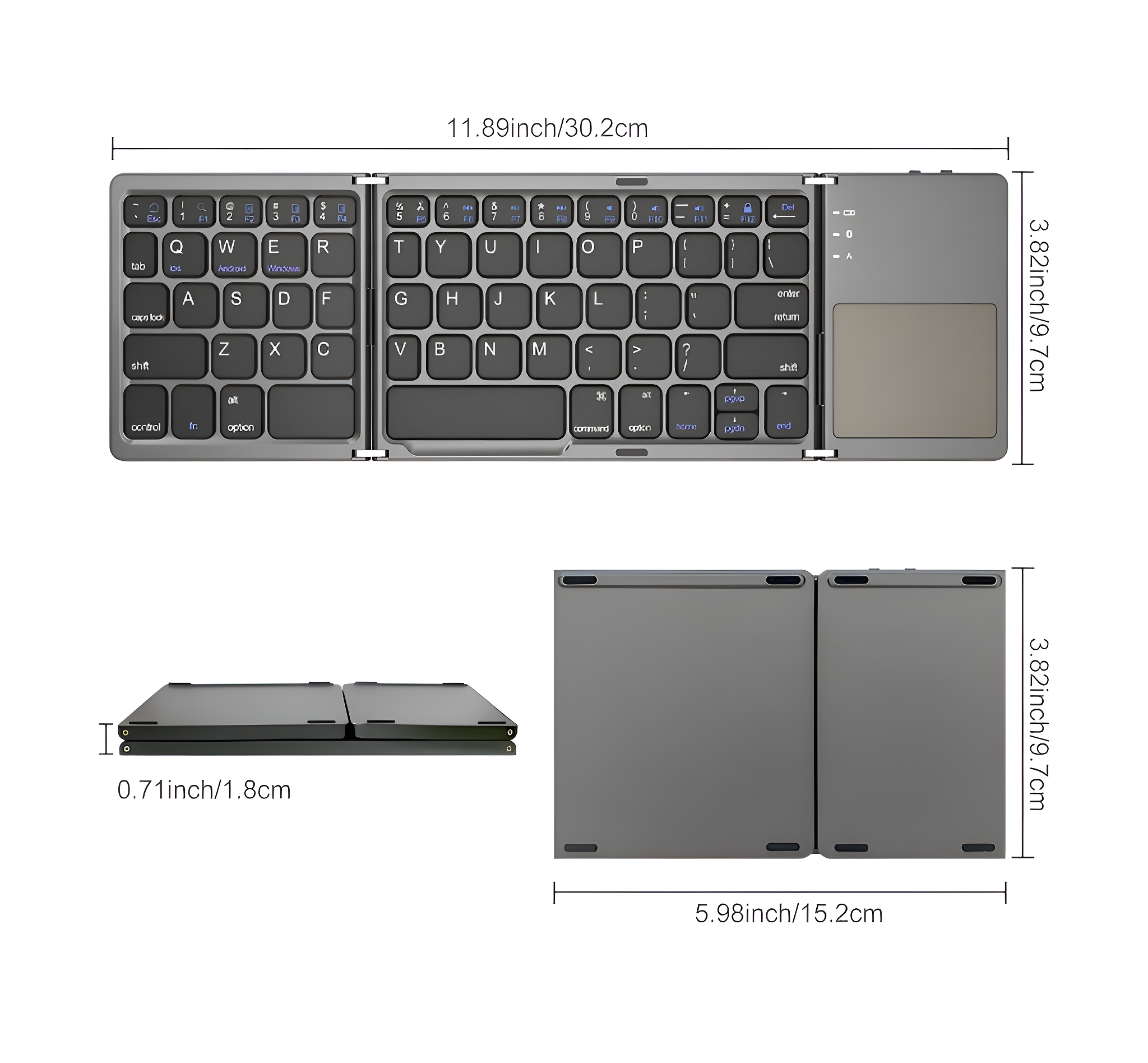 Eine faltbare Tastatur mit Touchpad wird angezeigt. Sie ist grau und mit Maßen versehen.