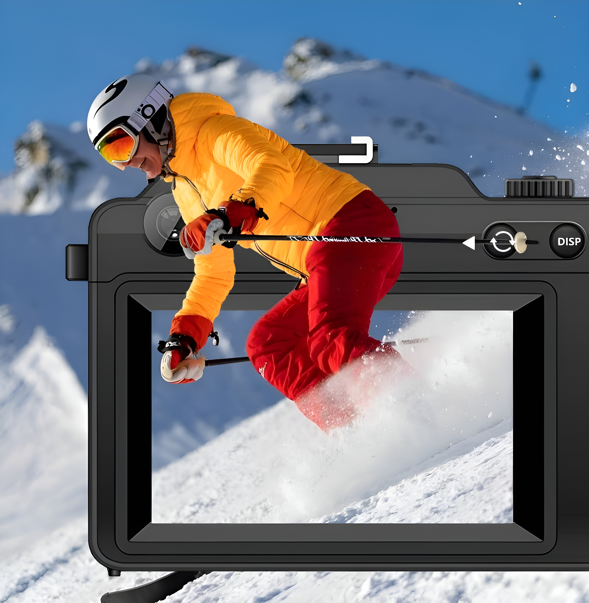 Ein Skifahrer in gelber Jacke und roter Hose fährt eine verschneite Piste hinunter, gesehen durch eine schwarze Kamera.
