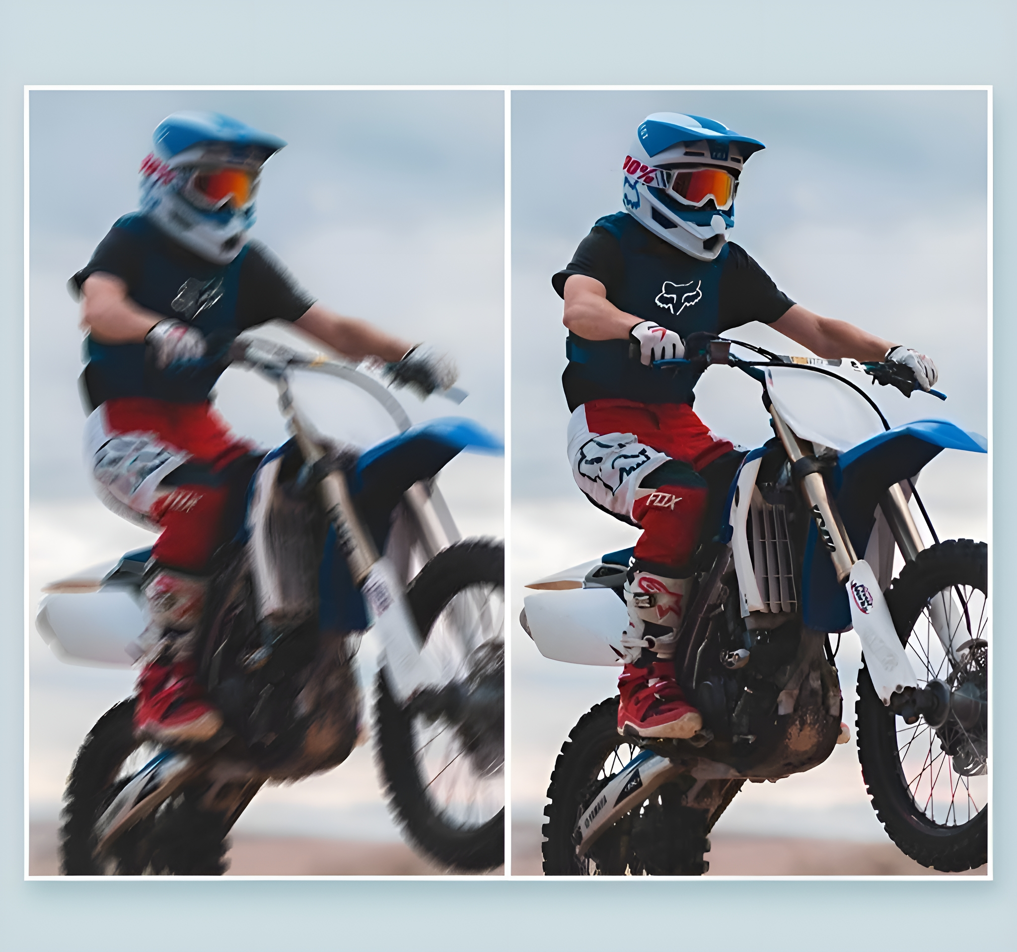 Zwei Bilder eines Motocross-Fahrers, eines verschwommen und eines fokussiert, auf einem blau-weißen Motorrad.